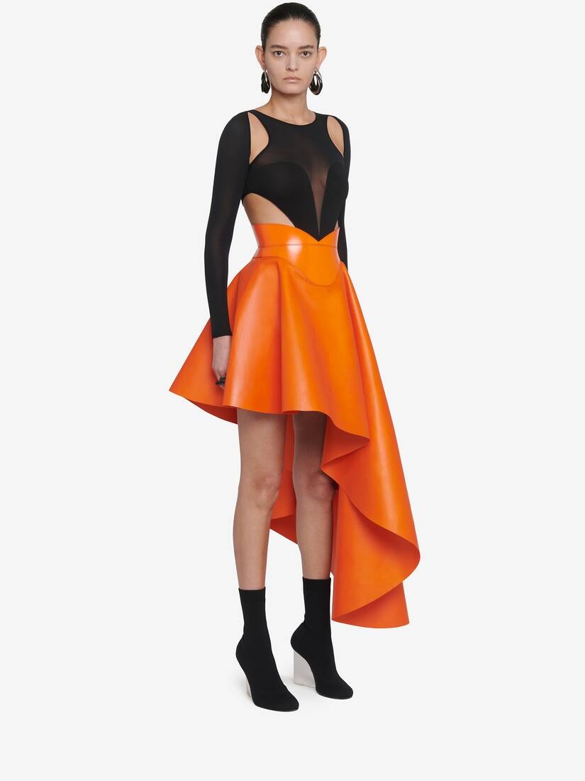 Women's Asymmetric Drape Leather Skirt in Sunset Orange - 3