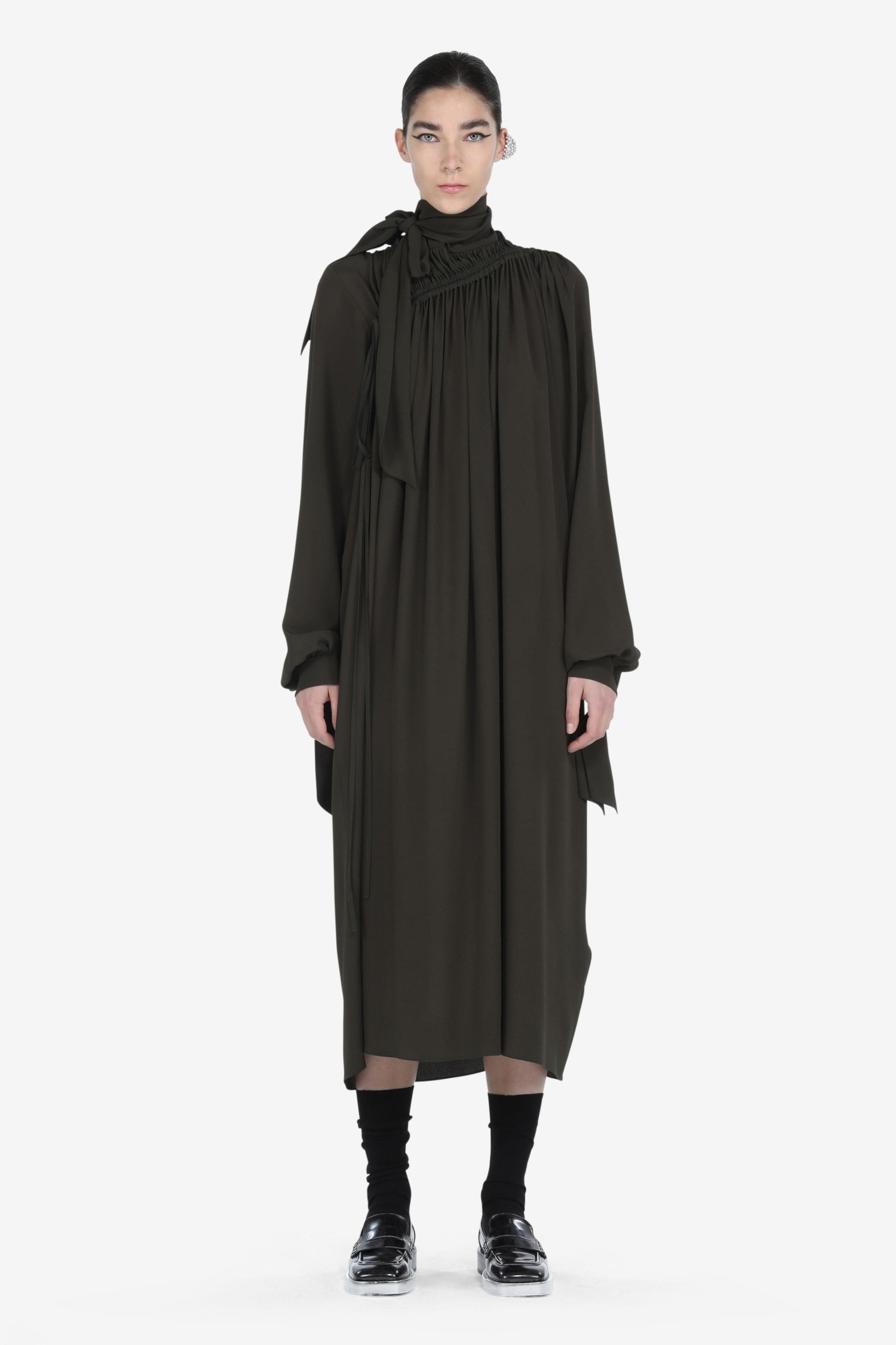 TIE-NECK GATHERED DRESS - 1