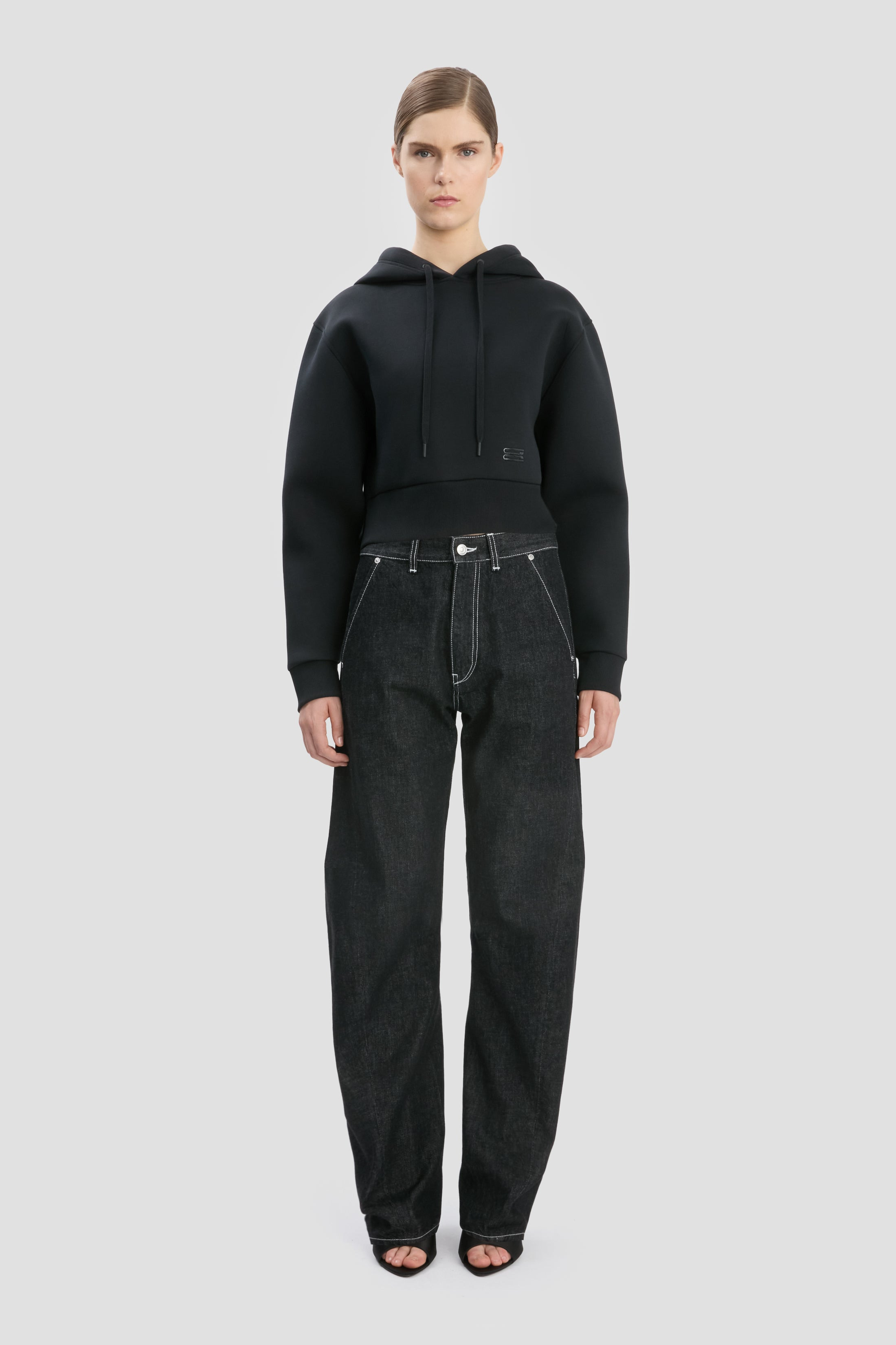 Cropped Structured Hoodie In Black - 2