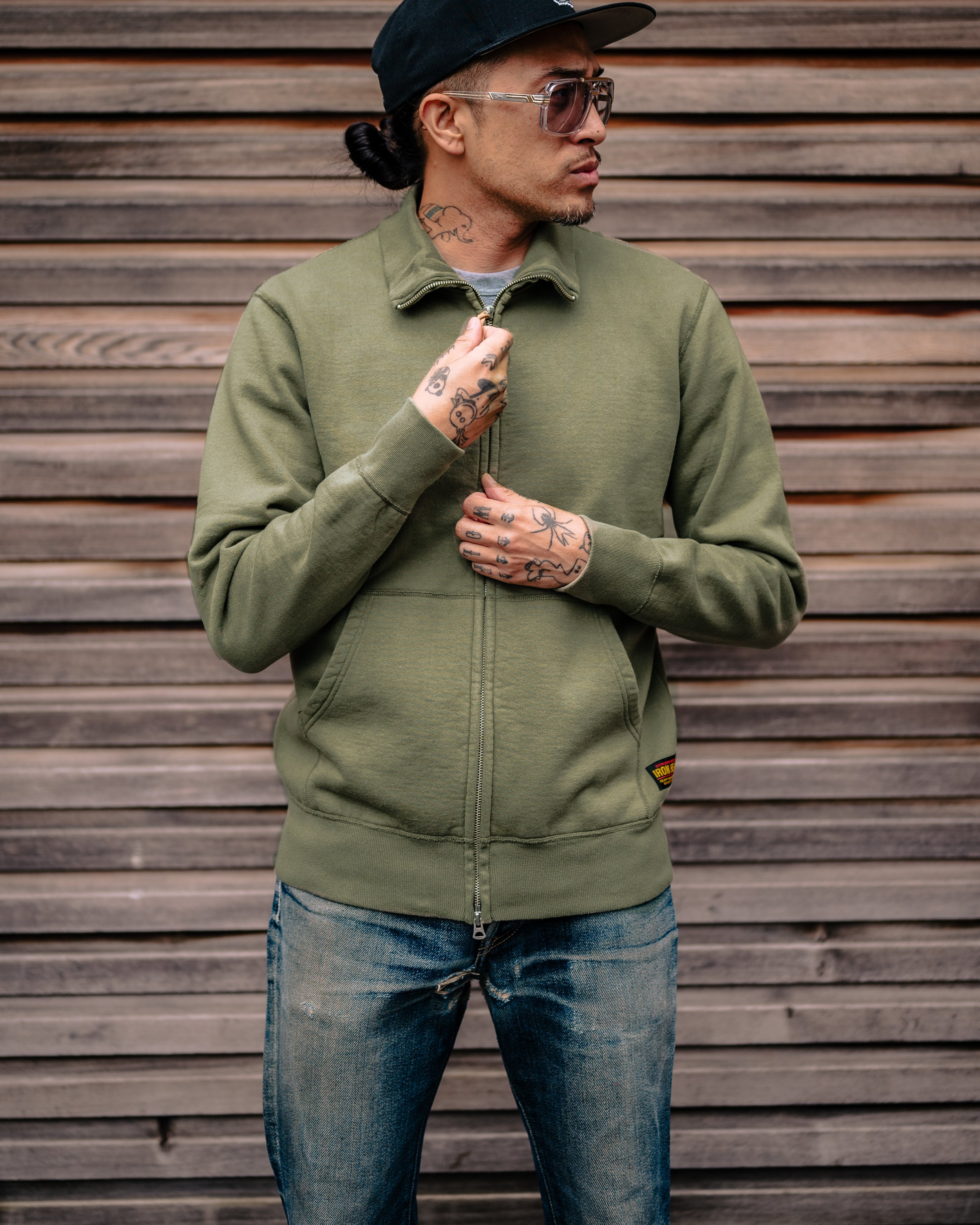 IHSW-11-OLV 14oz Ultra Heavyweight Loopwheel Cotton Zip Up Sweater - Olive Green - 4