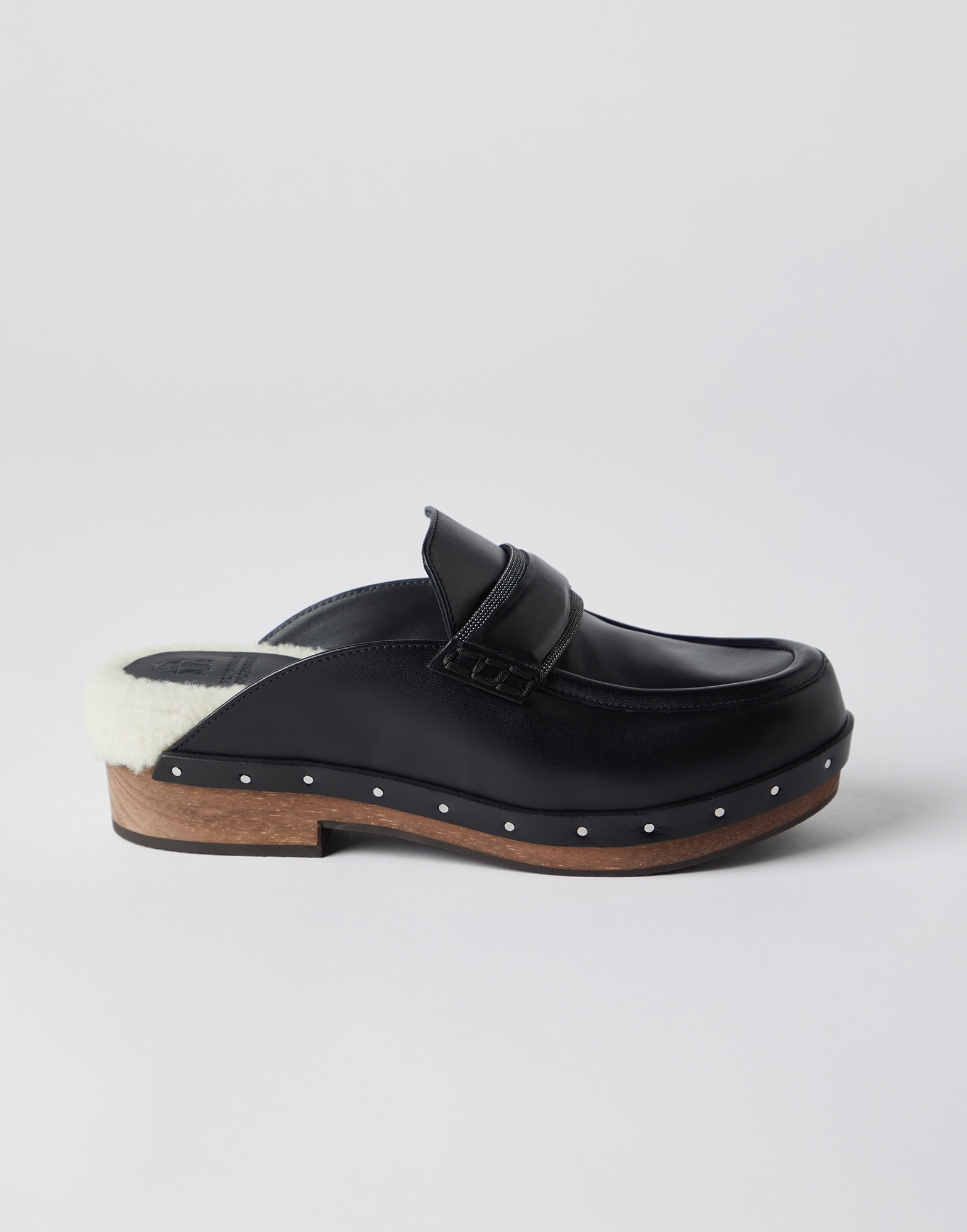 Matte calfskin loafer-style clogs with precious detail and shearling lining - 1