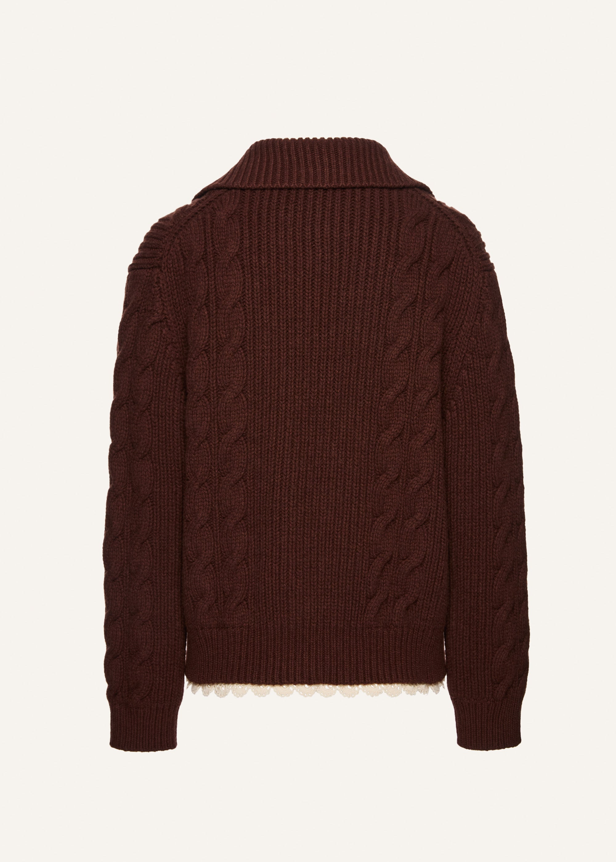 Lace-detail cable knit cardigan jacket in brown - 2