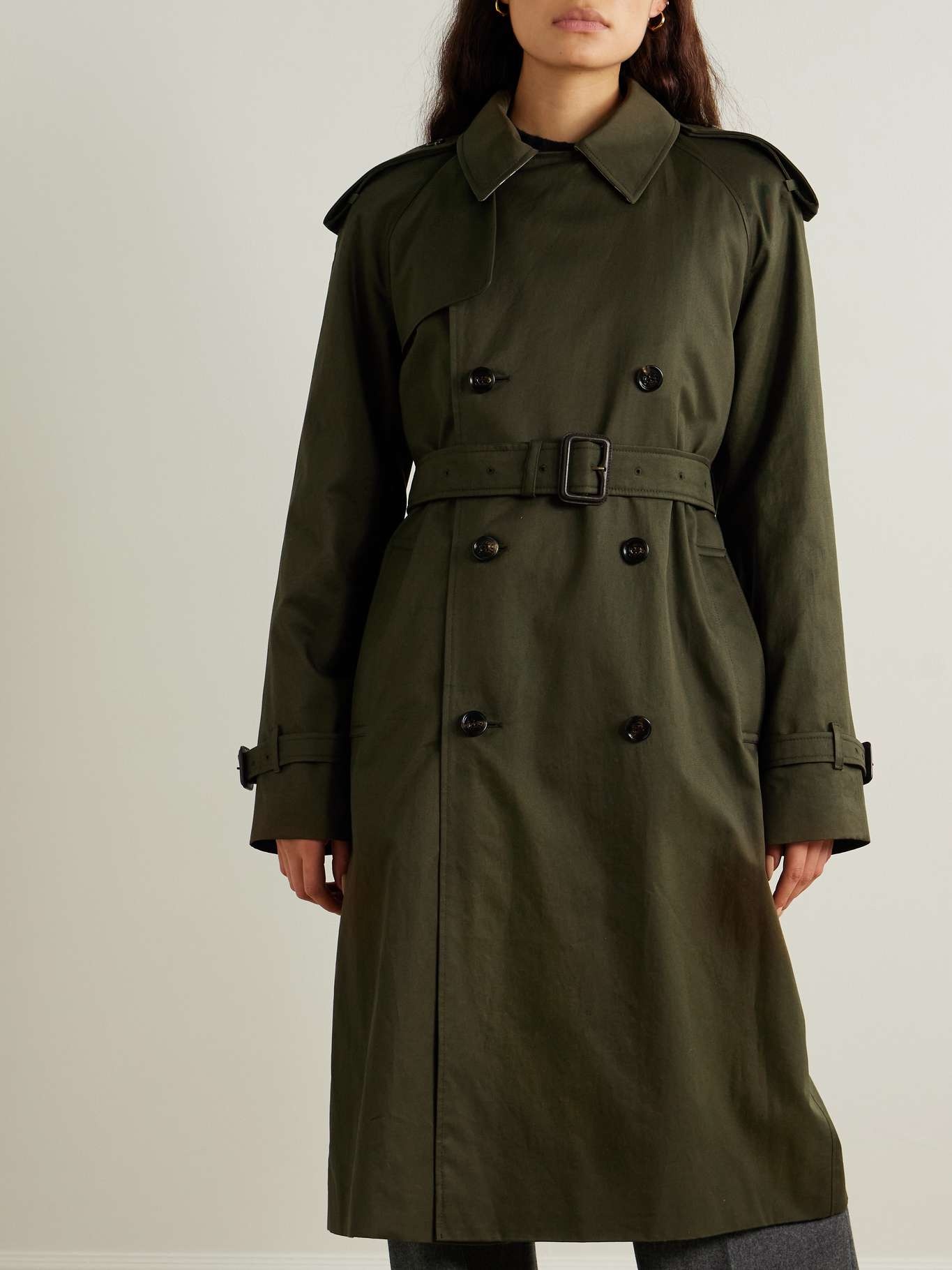 Double-breasted belted cotton-gabardine trench coat Forest green - 3