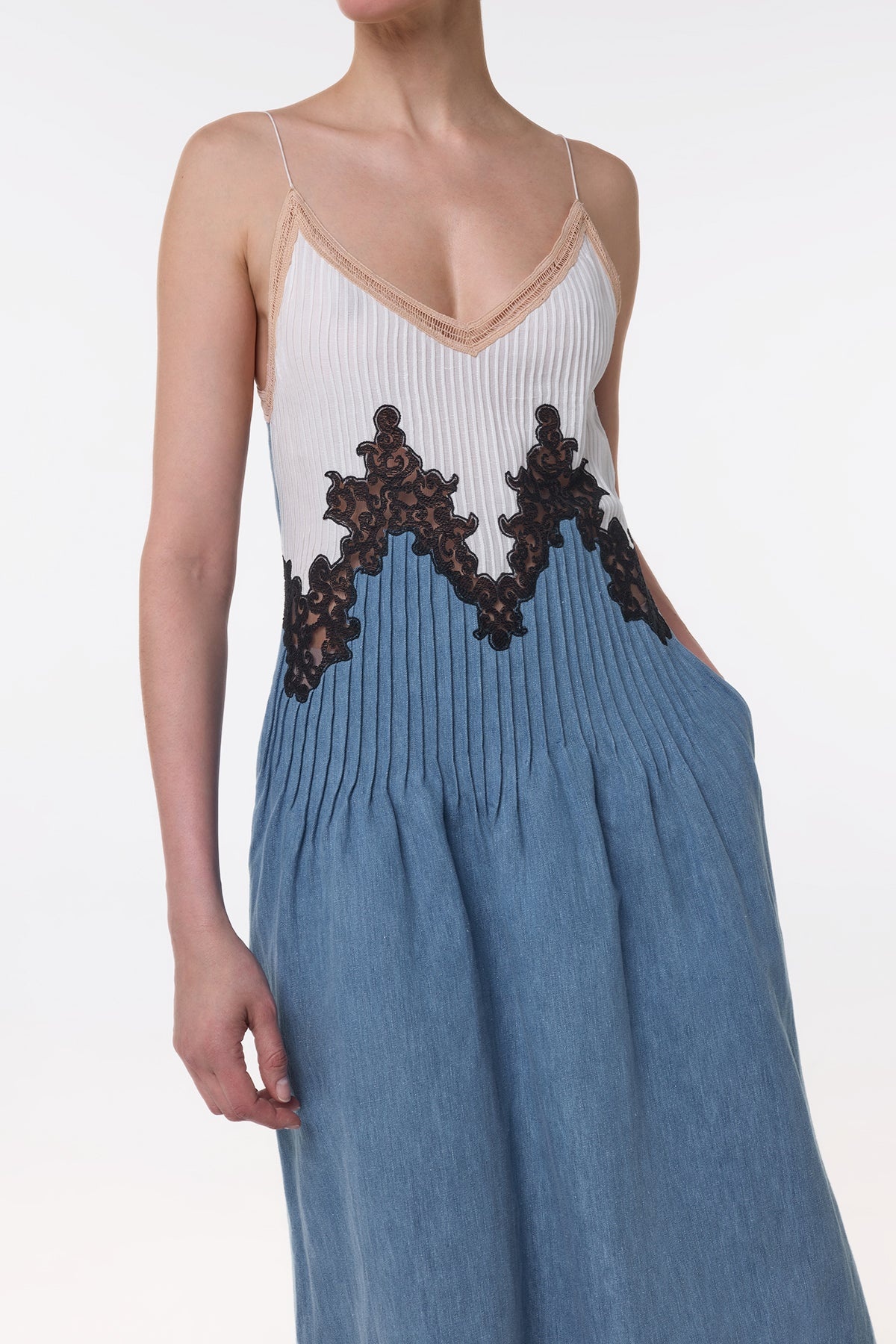 Althea Lace Slip Maxi Dress in Light Blue Recycled Cotton Linen - 6