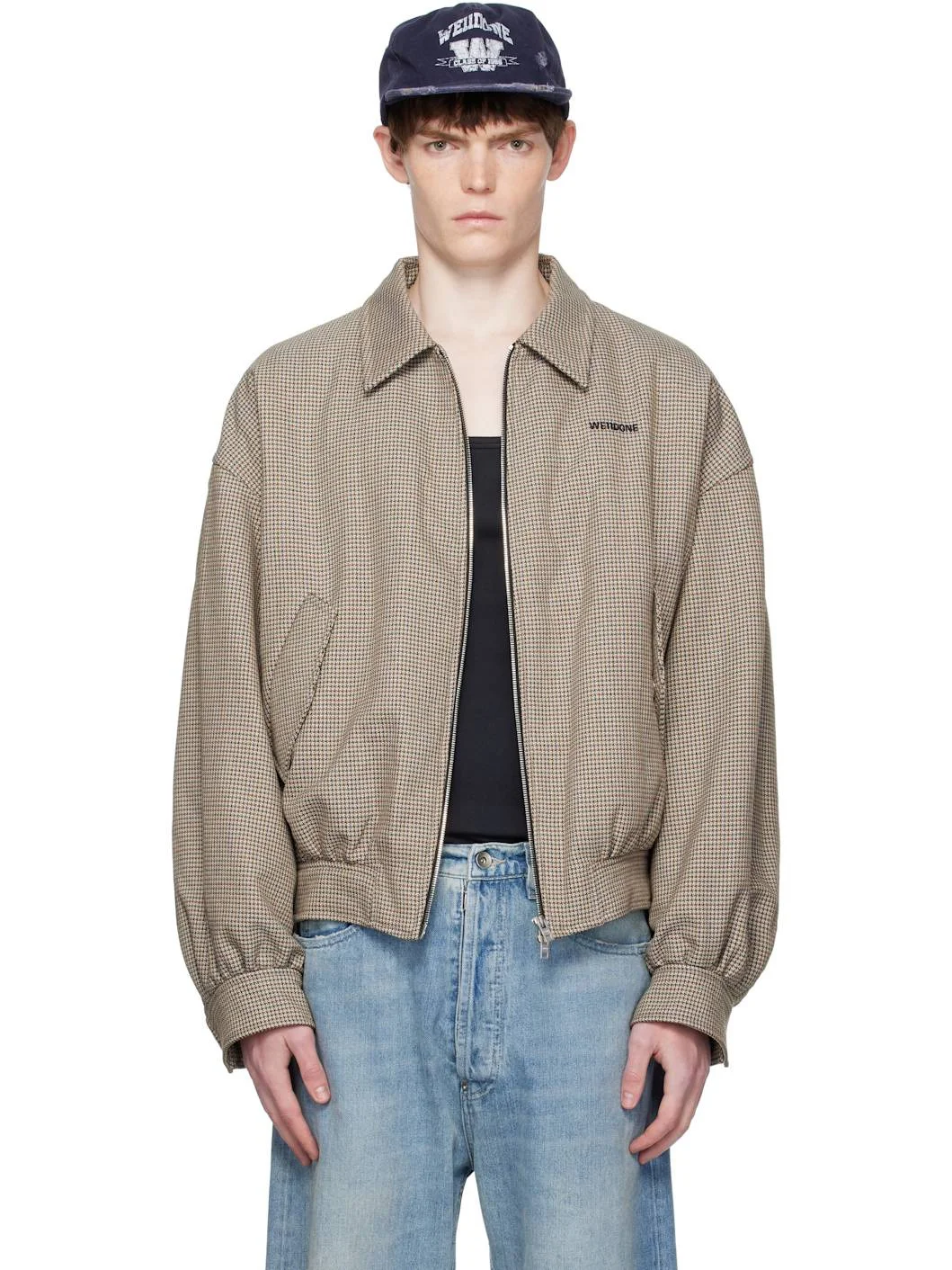 Beige Checkered Bomber Jacket - 1