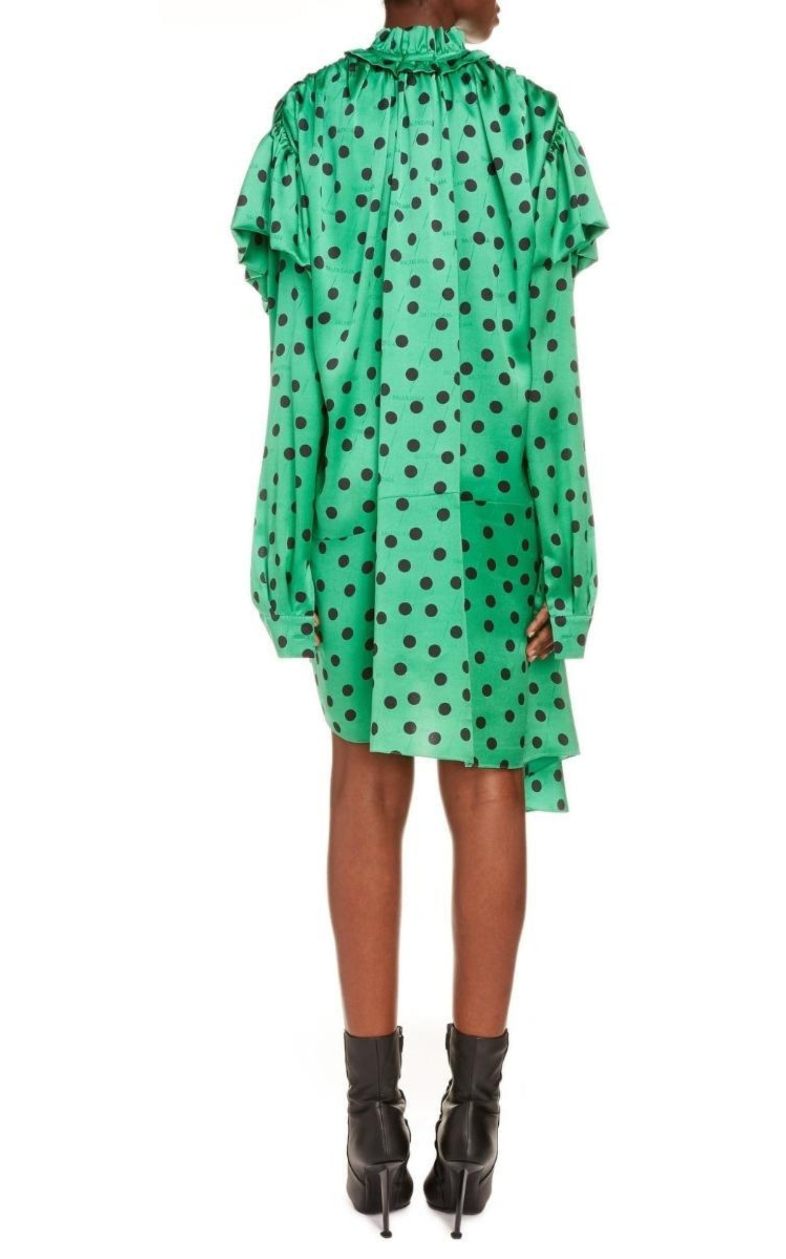 Polka Dot Print Long Sleeve Logo Jacquard Babydoll Dress - 4