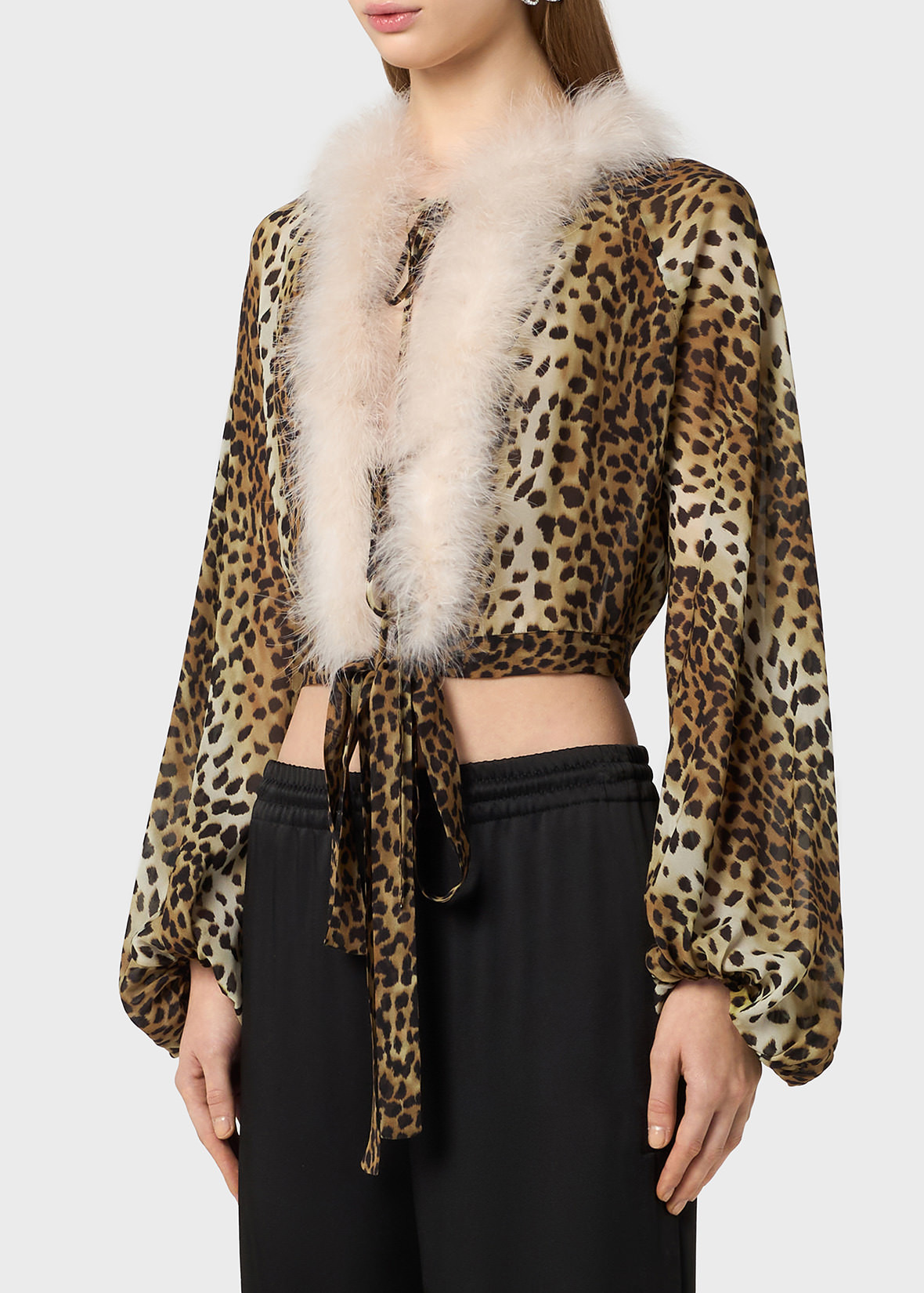 PRINTED GEORGETTE SHIRT WITH FEATHER-TRIMMED NECKLINE - 5