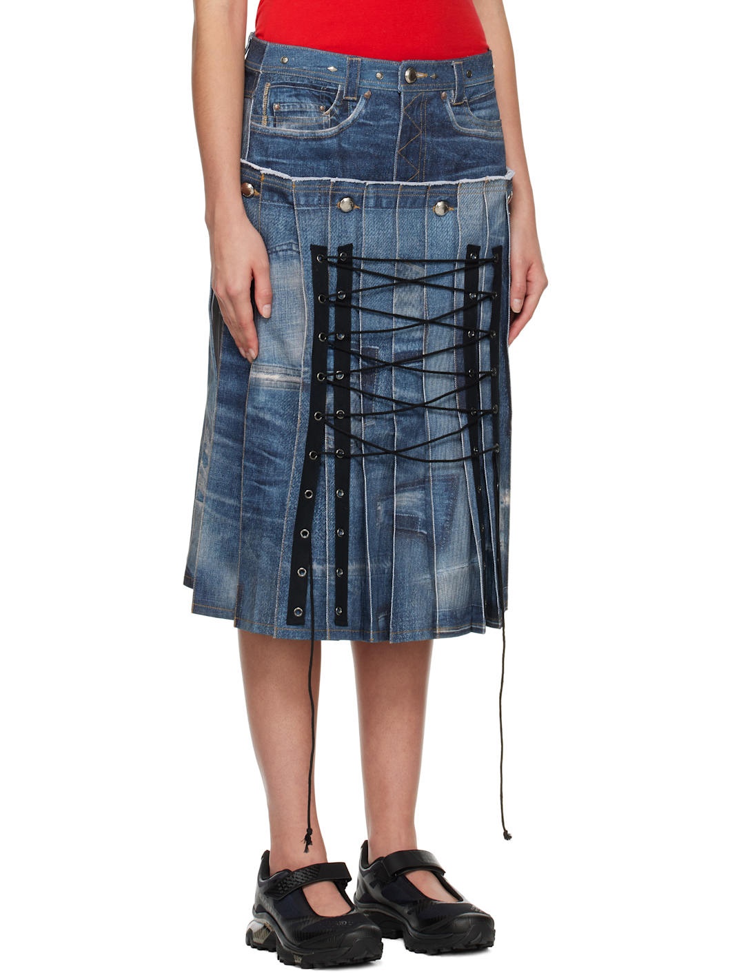 Blue Trompe L'œil Pleats Midi Skirt - 2
