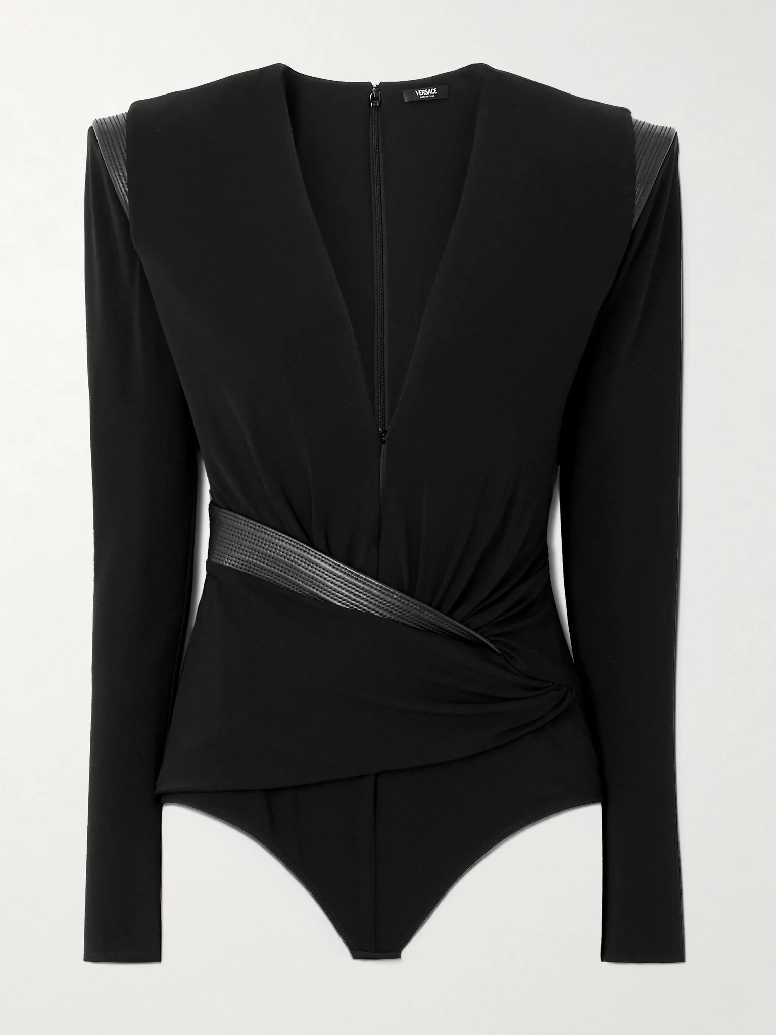 Wrap-effect leather-trimmed crepe-jersey bodysuit Black - 1