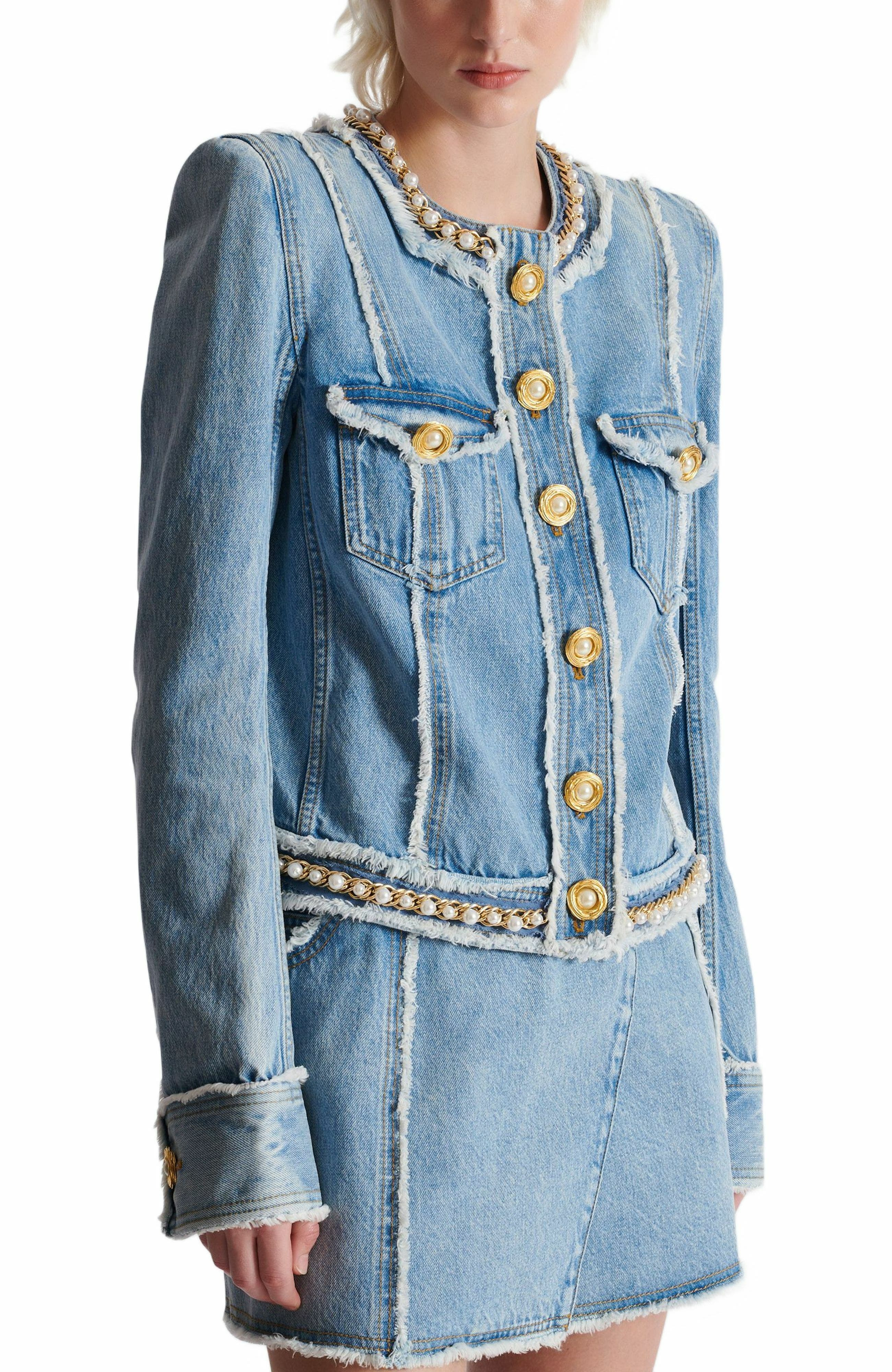 Balmain Denim jacket with pearl trim in Blue at Nordstrom - 7