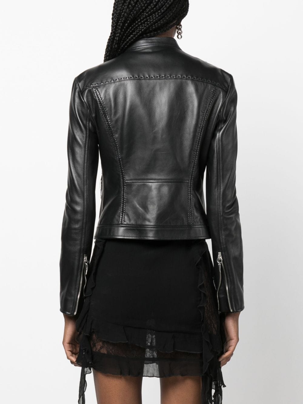 band collar leather jacket - 4