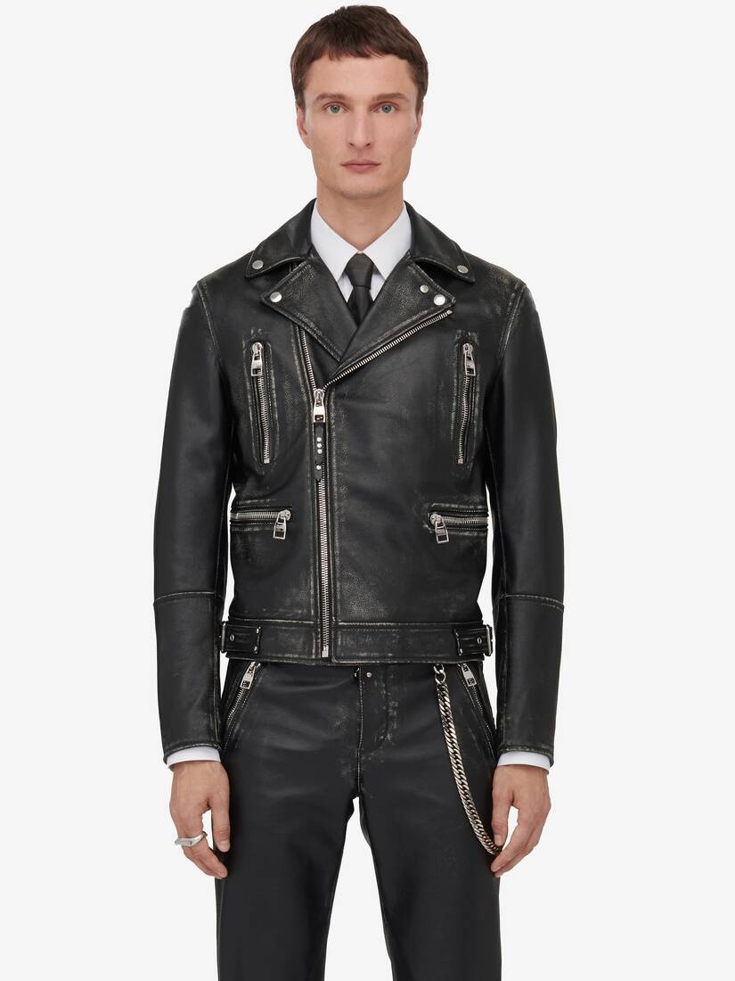 Men's Leather Biker Jacket in Black/ivory