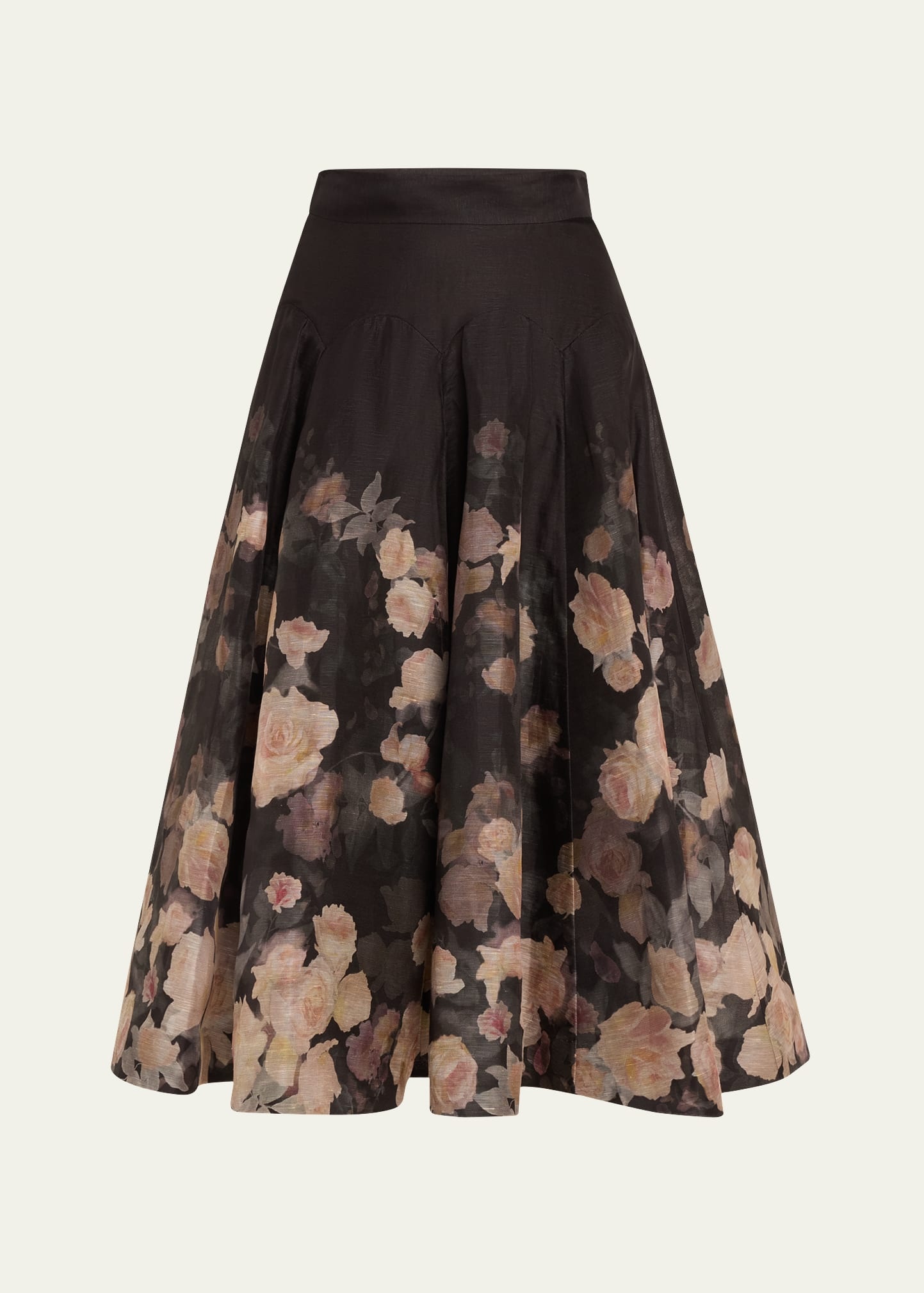 【Zimmermann】Crush Flared linen and silk midi skirt Crush Flared Midi Skirt Pink Lace Print Online | Zimmermann