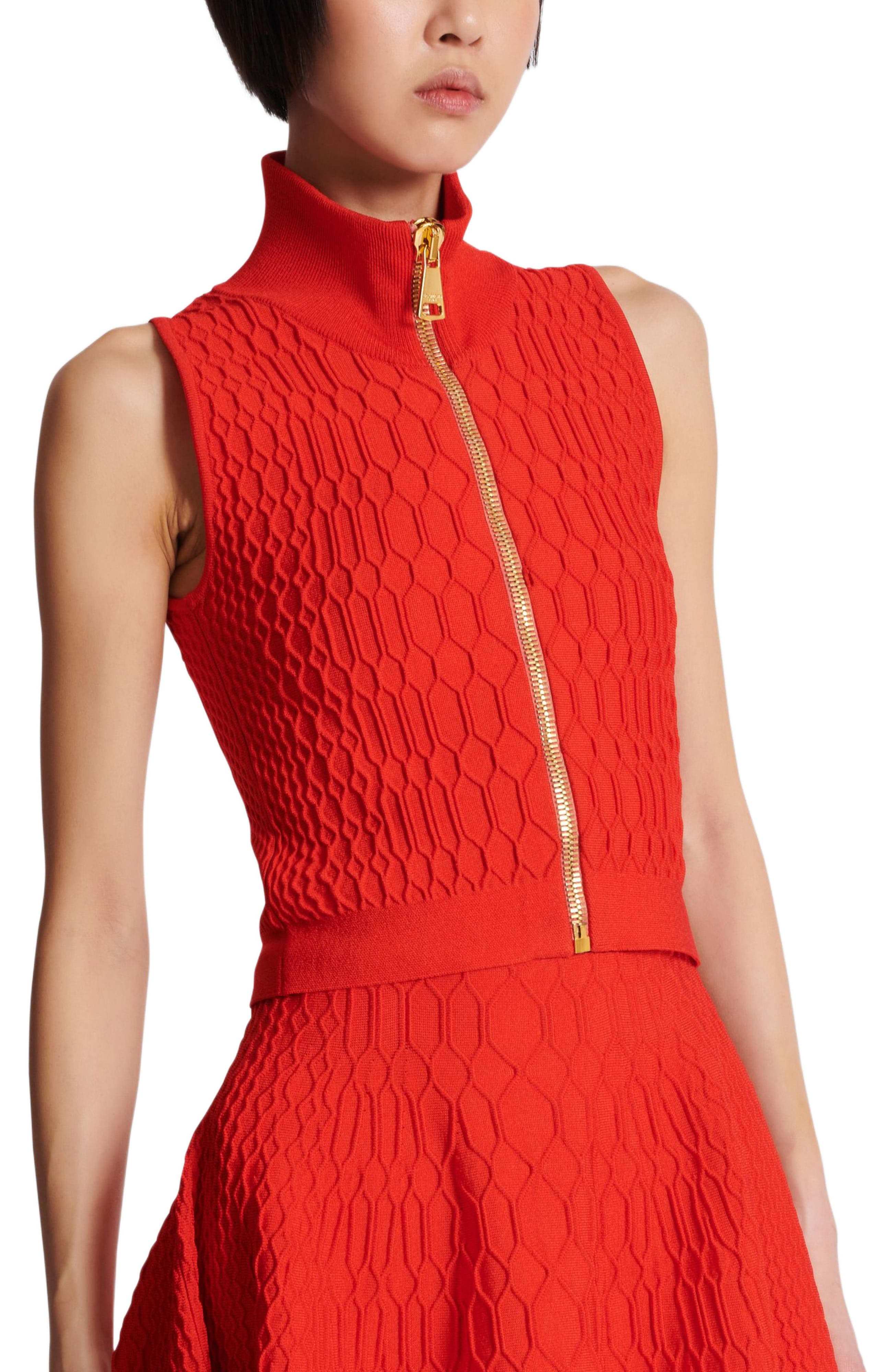 Balmain Sleeveless Crocodile-Knit Top in Red at Nordstrom - 4