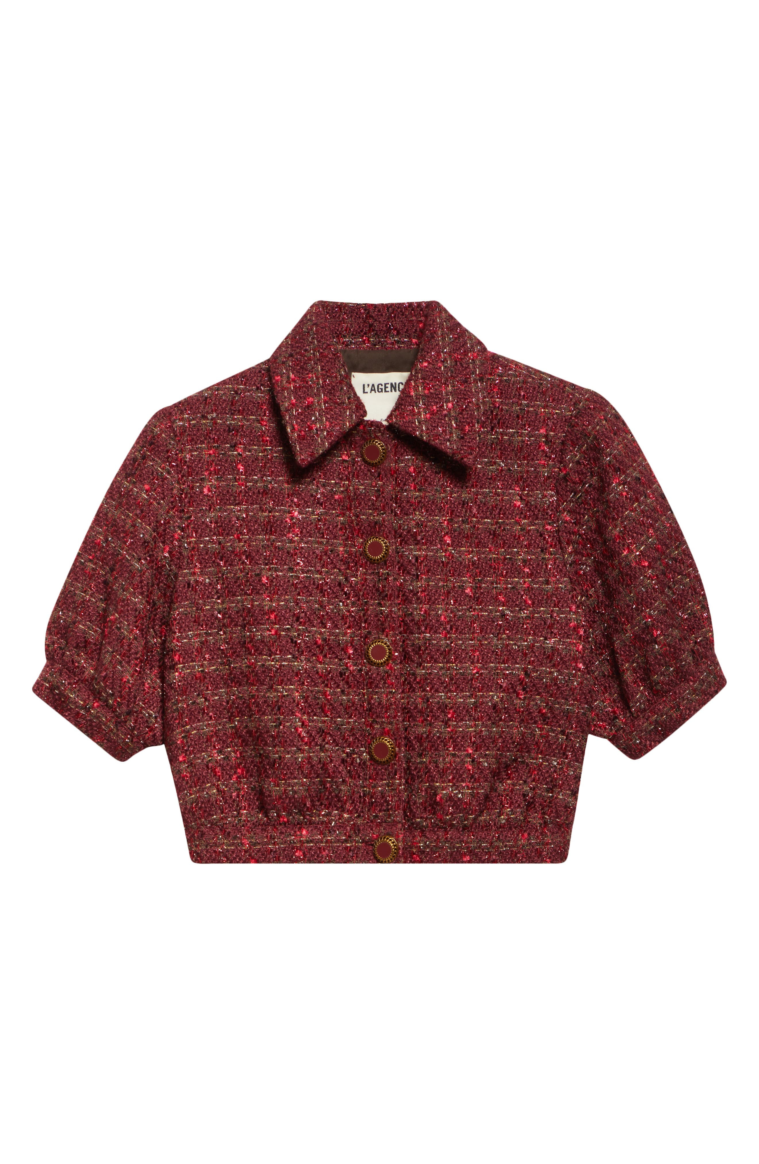 L'AGENCE Tweed Check Puff Sleeve Jacket in Brown/blk Cherry Multi Tweed at Nordstrom - 7