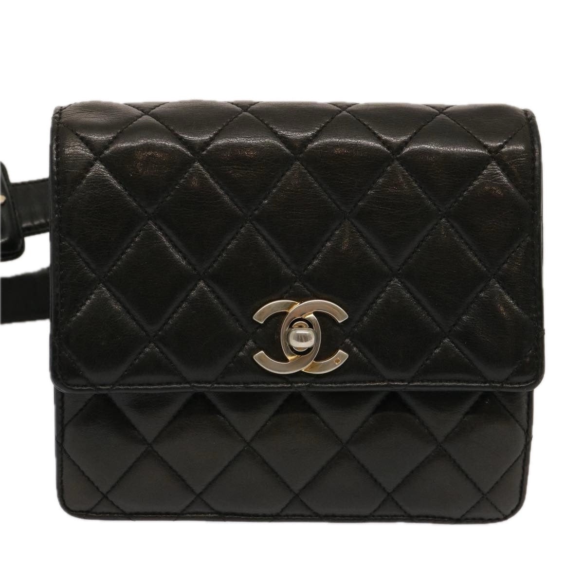 CHANEL Matelasse Turn Lock Waist Bag Lamb Skin Black CC - 13