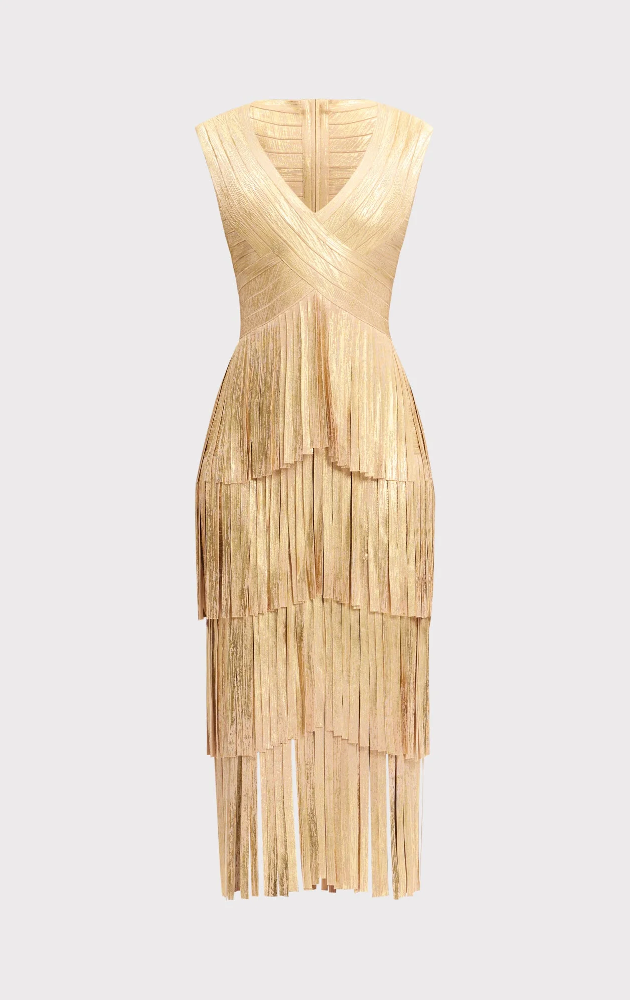 V NECK FOIL FRINGE MIDI DRESS - 1