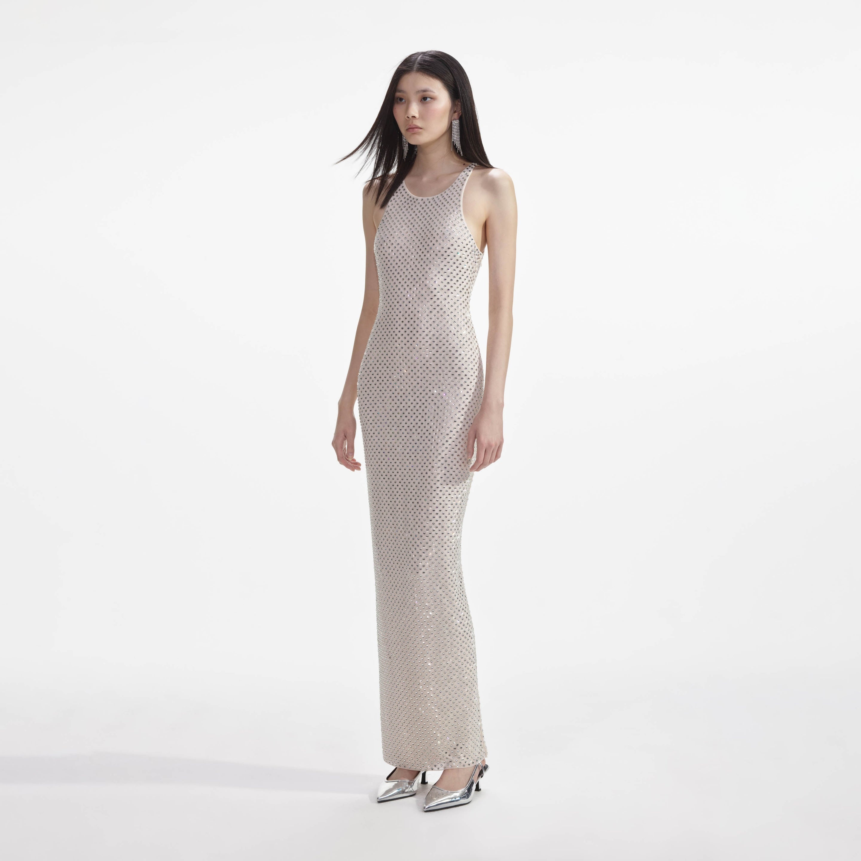 Cream Mesh Rhinestone Maxi Dress - 2