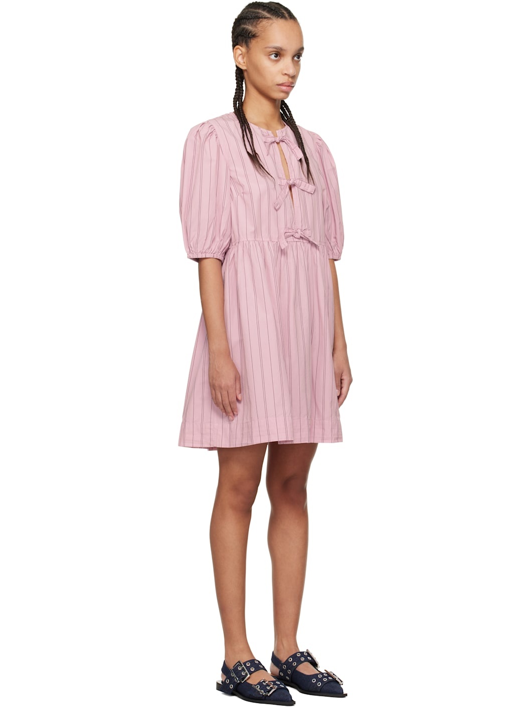Pink Stripe Cotton Mini Bow Tie Minidress - 2