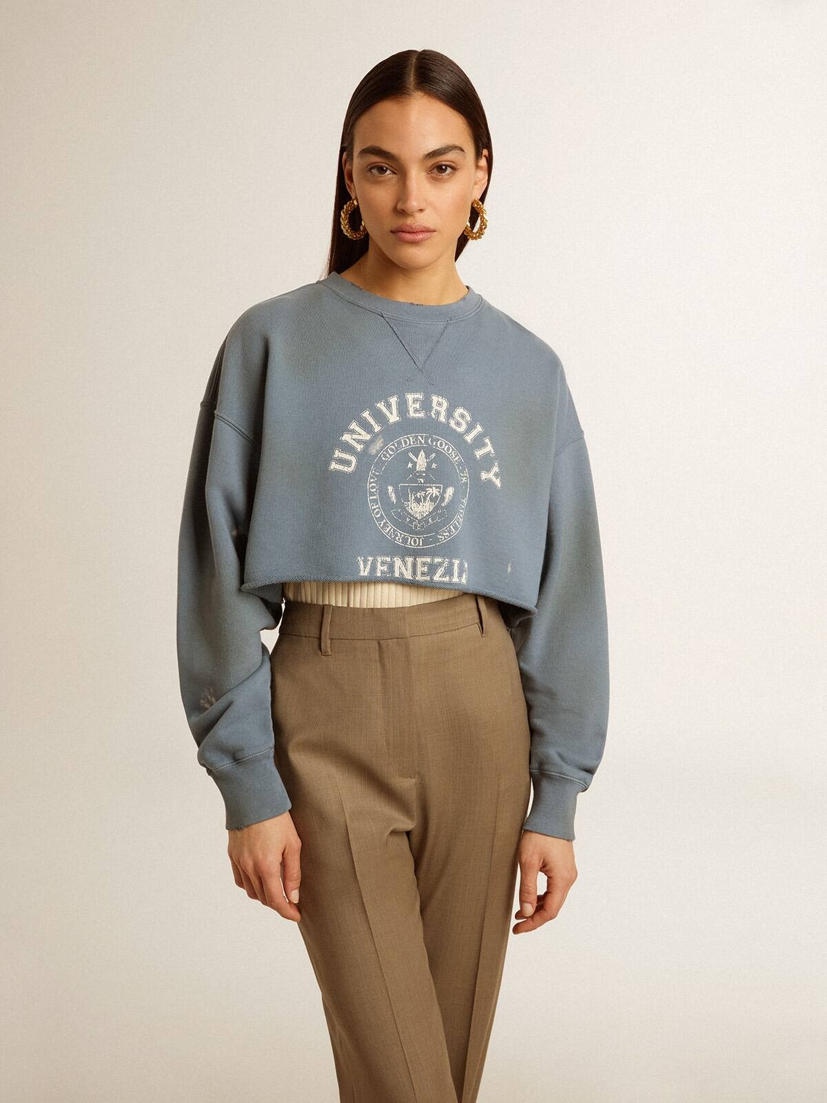Cropped sweatshirt in baby blue with distressed finish - 2