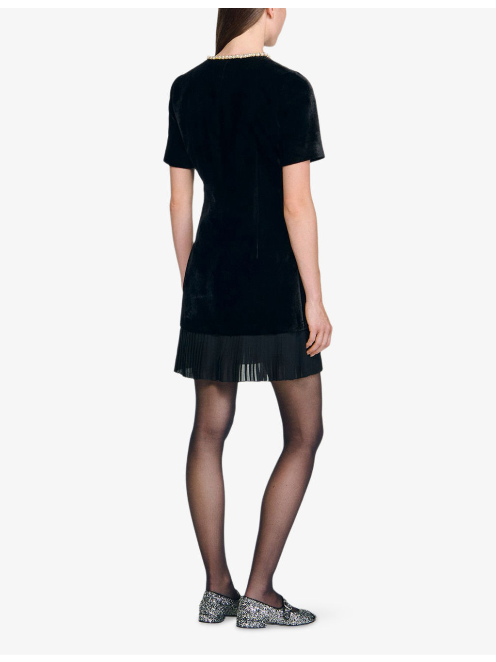Pearl-Embellished Pleated-Hem Velvet Mini Dress - 4