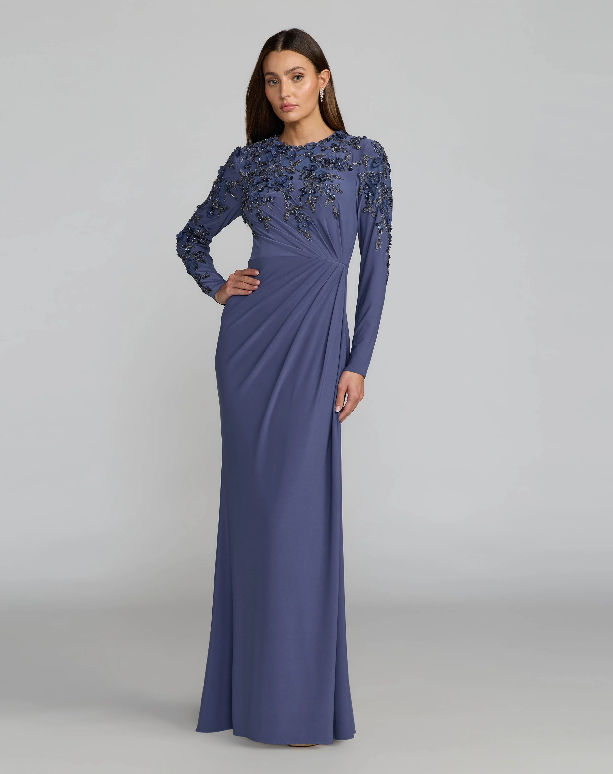 Blue High Neck Long Sleeve Beaded Jersey Gown - 1