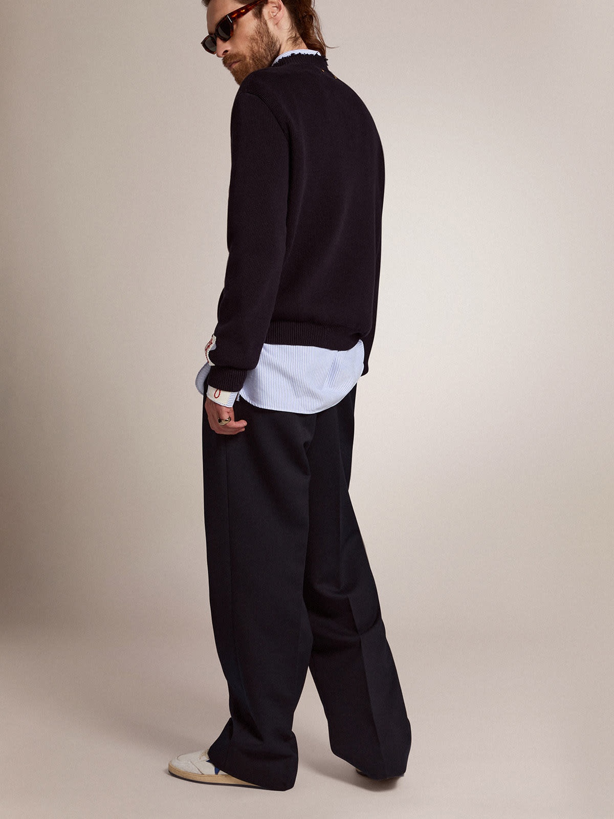 Golden Goose Men's wide leg pants in dark blue wool | REVERSIBLE