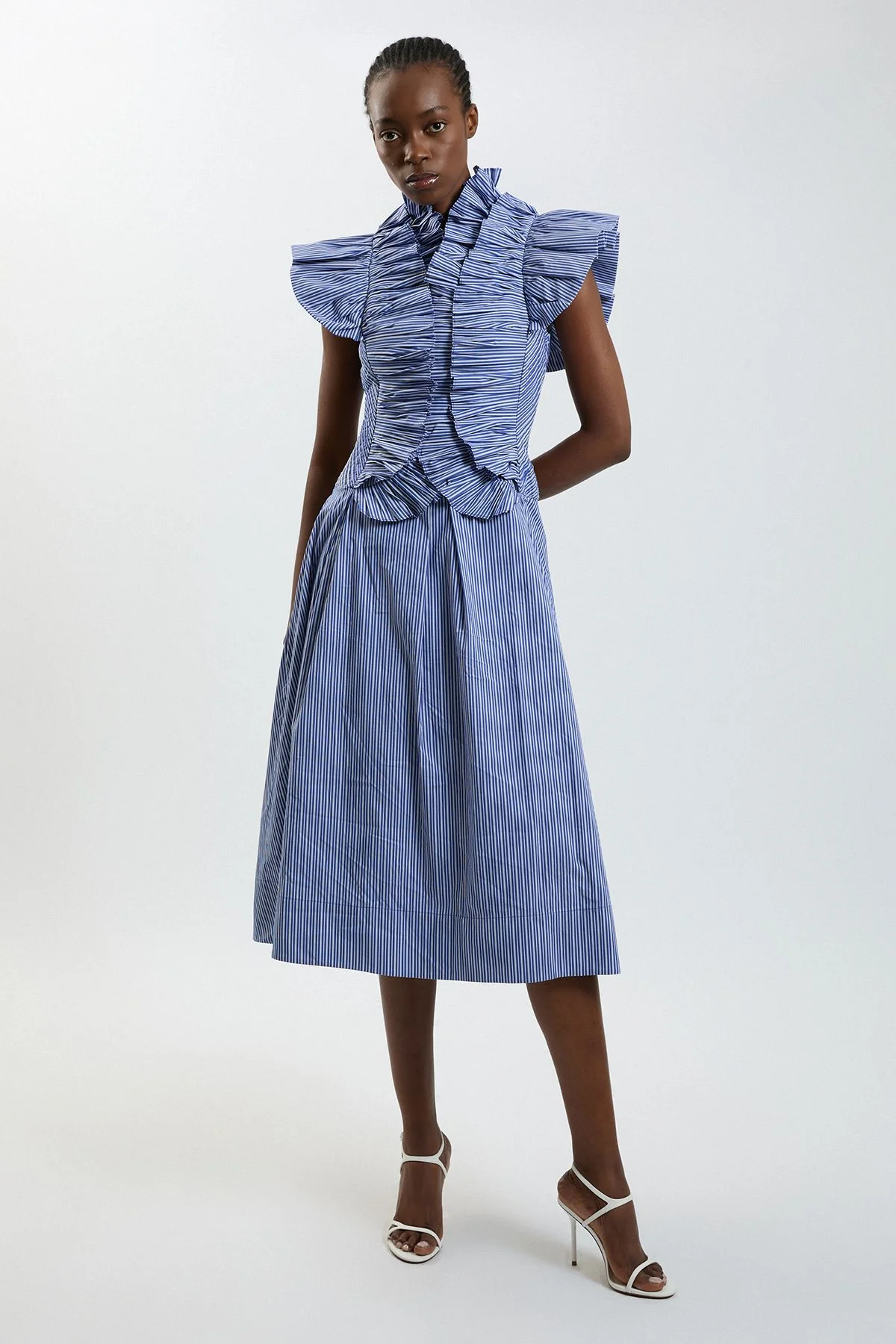 Stripe Pleated Ruffle Sleeve Woven Maxi Dress - 1
