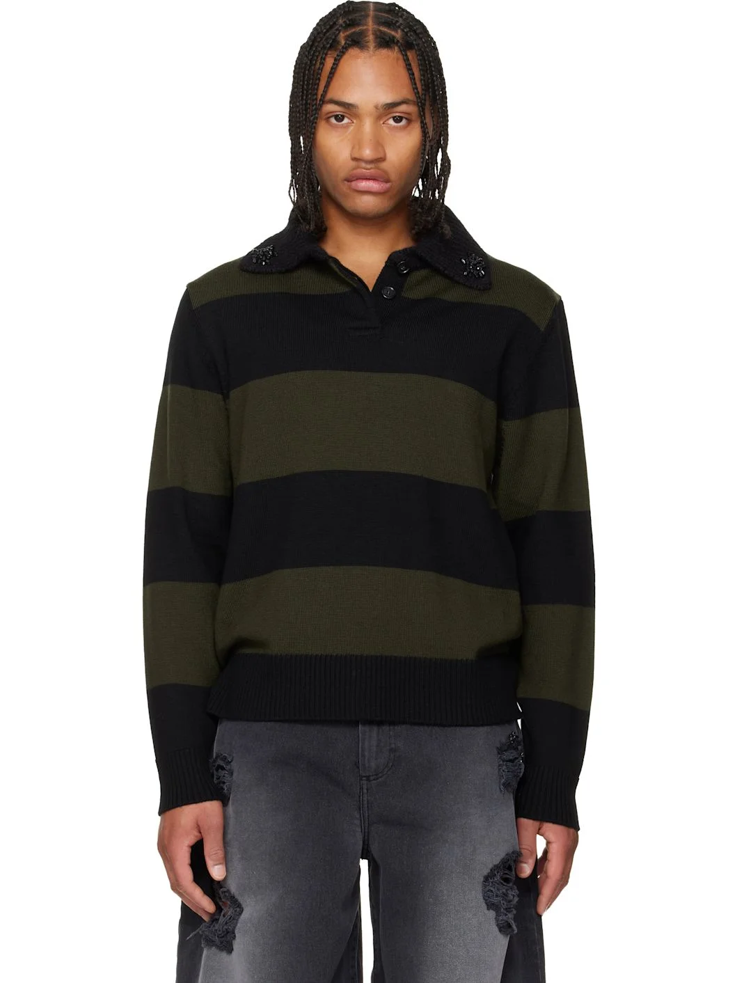 Khaki & Black Embellished Fuzzy Collar Rugby Polo - 1