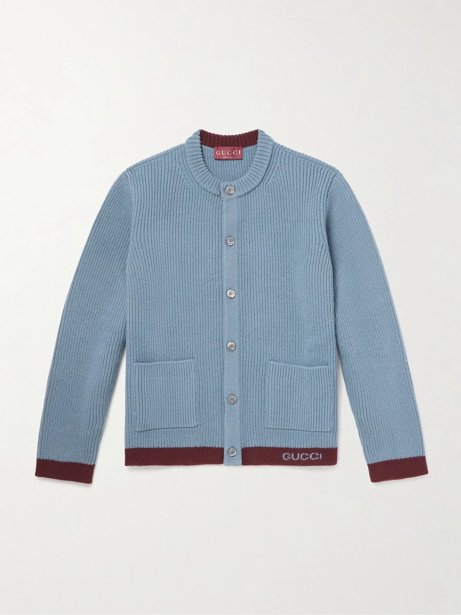 Two-Tone Logo-Jacquard Ribbed Wool Cardigan Blue - 1