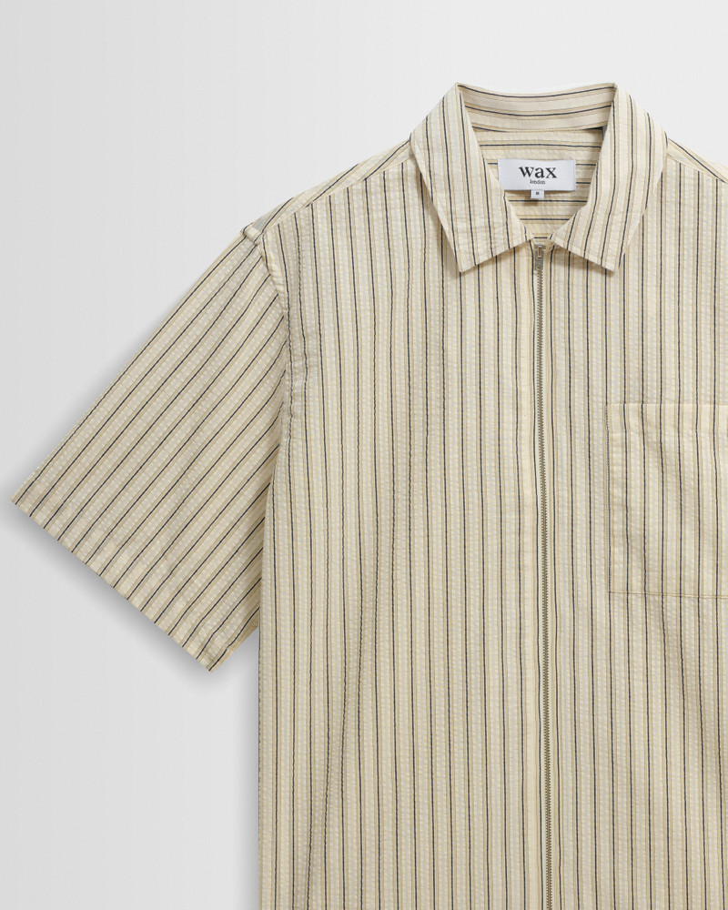 Sears - Natural And Navy Stripe Seersucker Zip Short-Sleeve Shirt 7