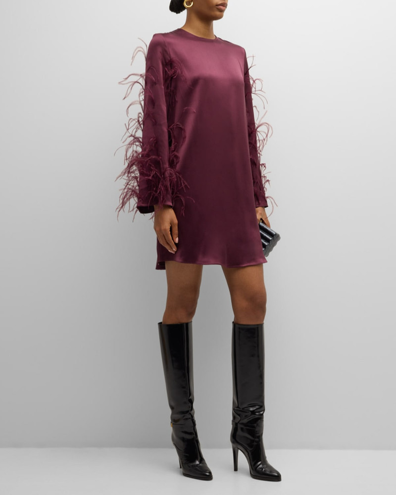 LAPOINTE Feather Long-Sleeve Satin Mini Shift Dress outlook
