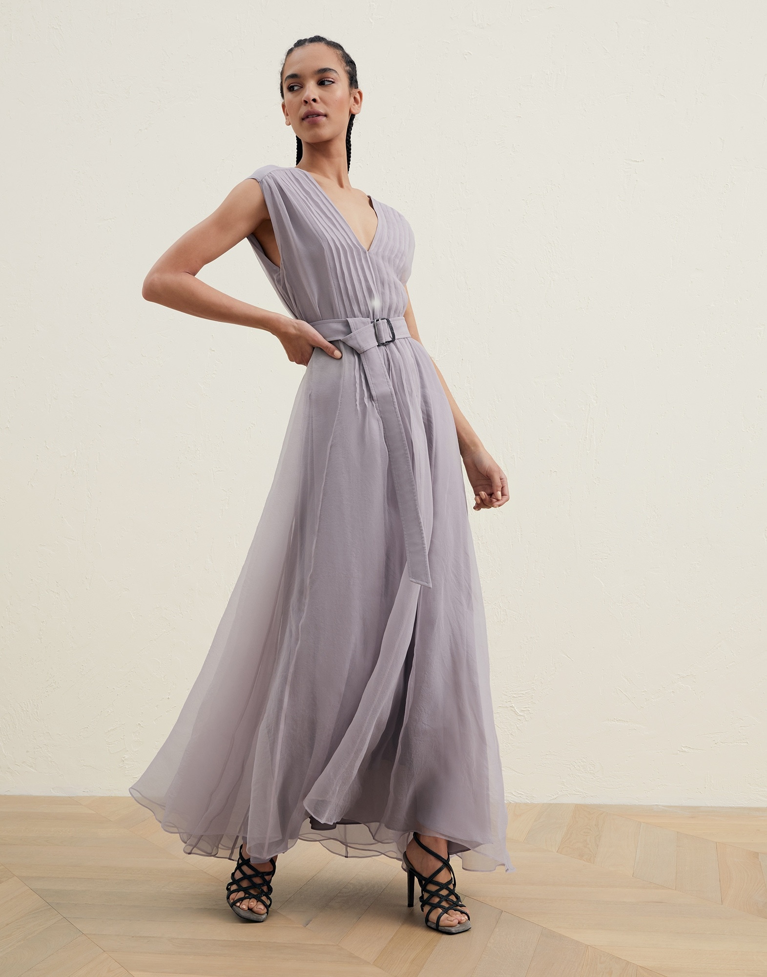Crispy silk dress with shiny loop belt - 1