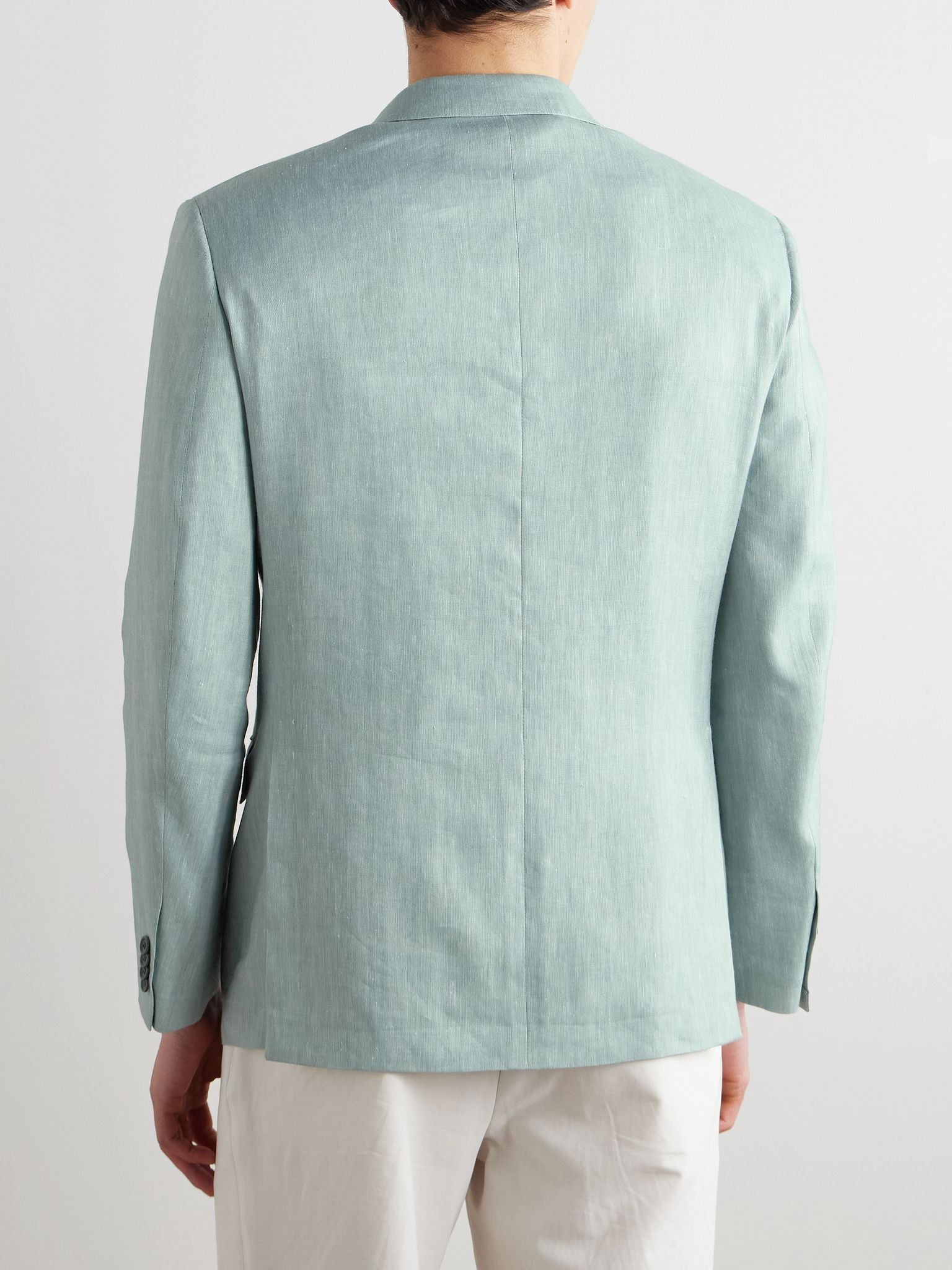 Double-Breasted Herringbone Linen, Wool and Silk-Blend Suit Jacket Blue - 3