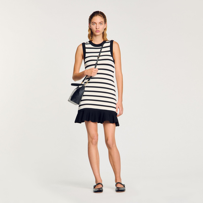 knee length dresses for ladies SANDRO CAMILLE STRIPED KNIT MINI DRESS - WHITE & BLACK