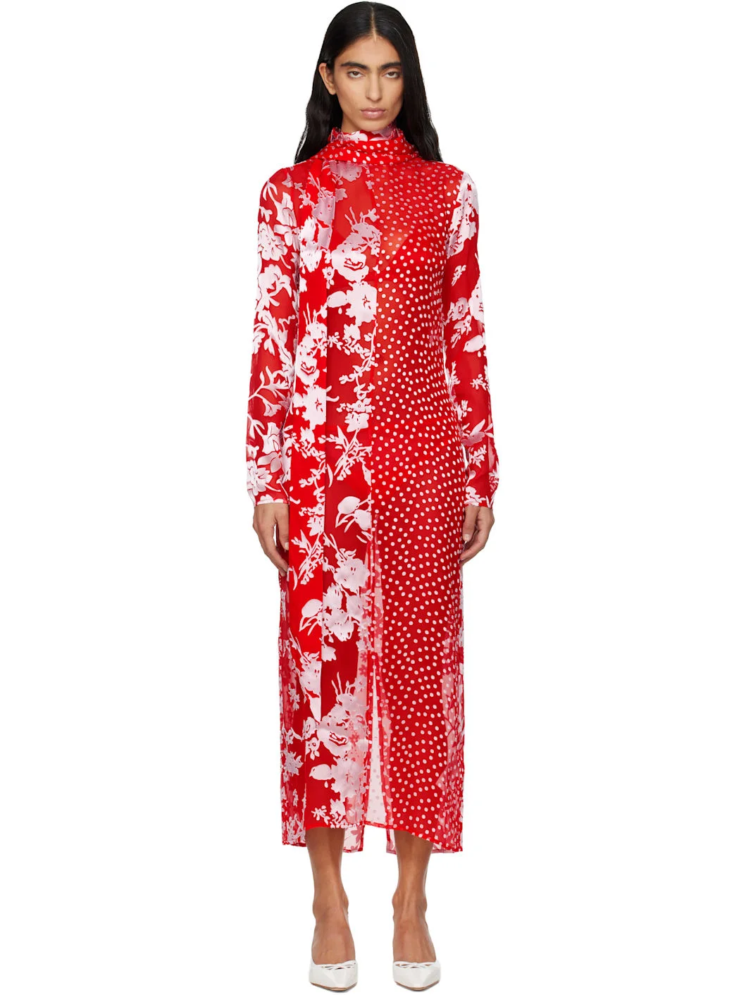 Red Regenerated Raso Silk Scarves Ls Maxi Dress - 1