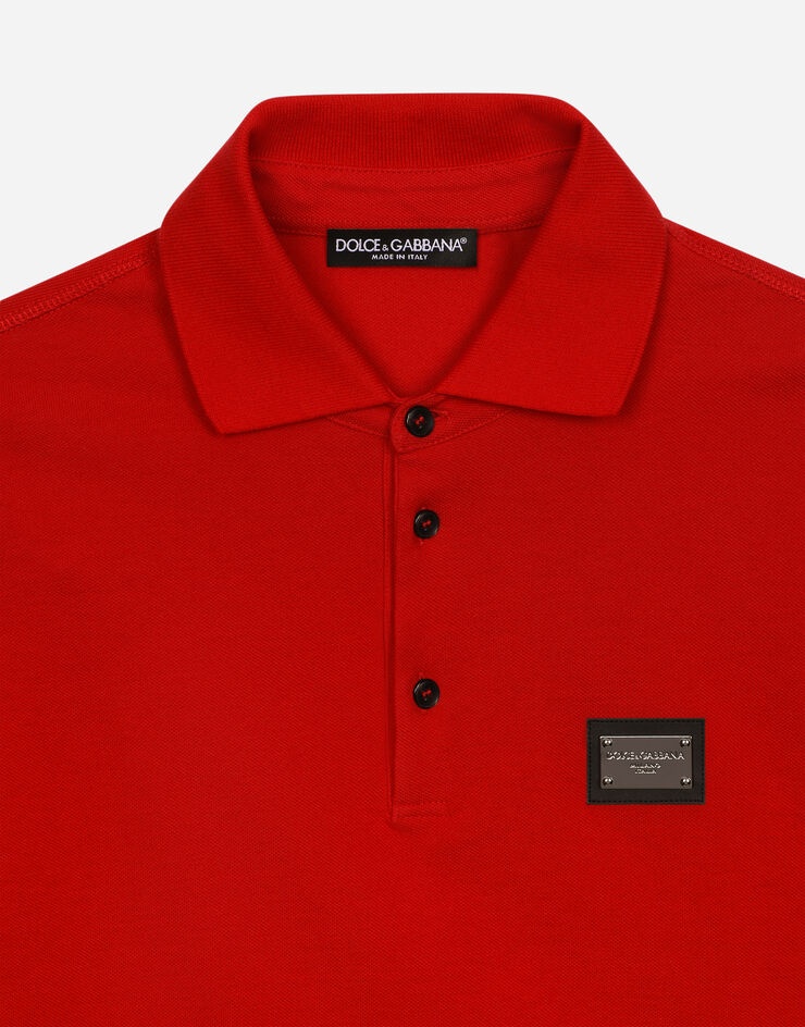 Cotton piqué polo-shirt with branded tag - 3