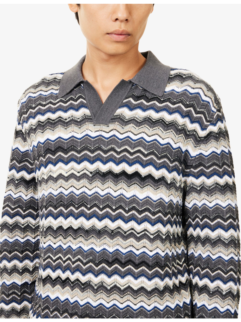 Zig-Zag Pattern Long-Sleeve Cotton And Wool Polo Shirt - 5