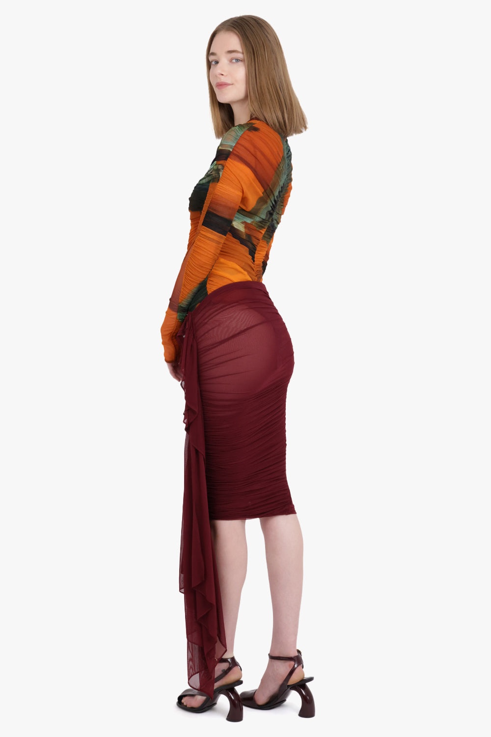 MESH ASYMMETRIC MIDI SKIRT | VAMPIRE RED - 4