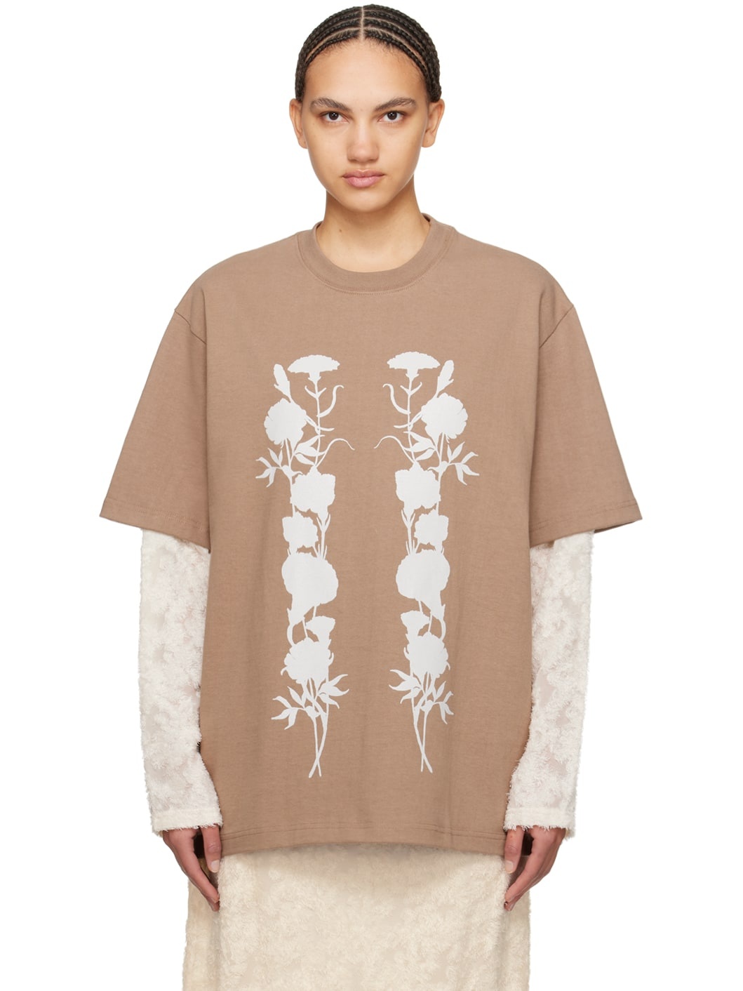 Brown 'White Foliage' Long Sleeve T-Shirt - 1