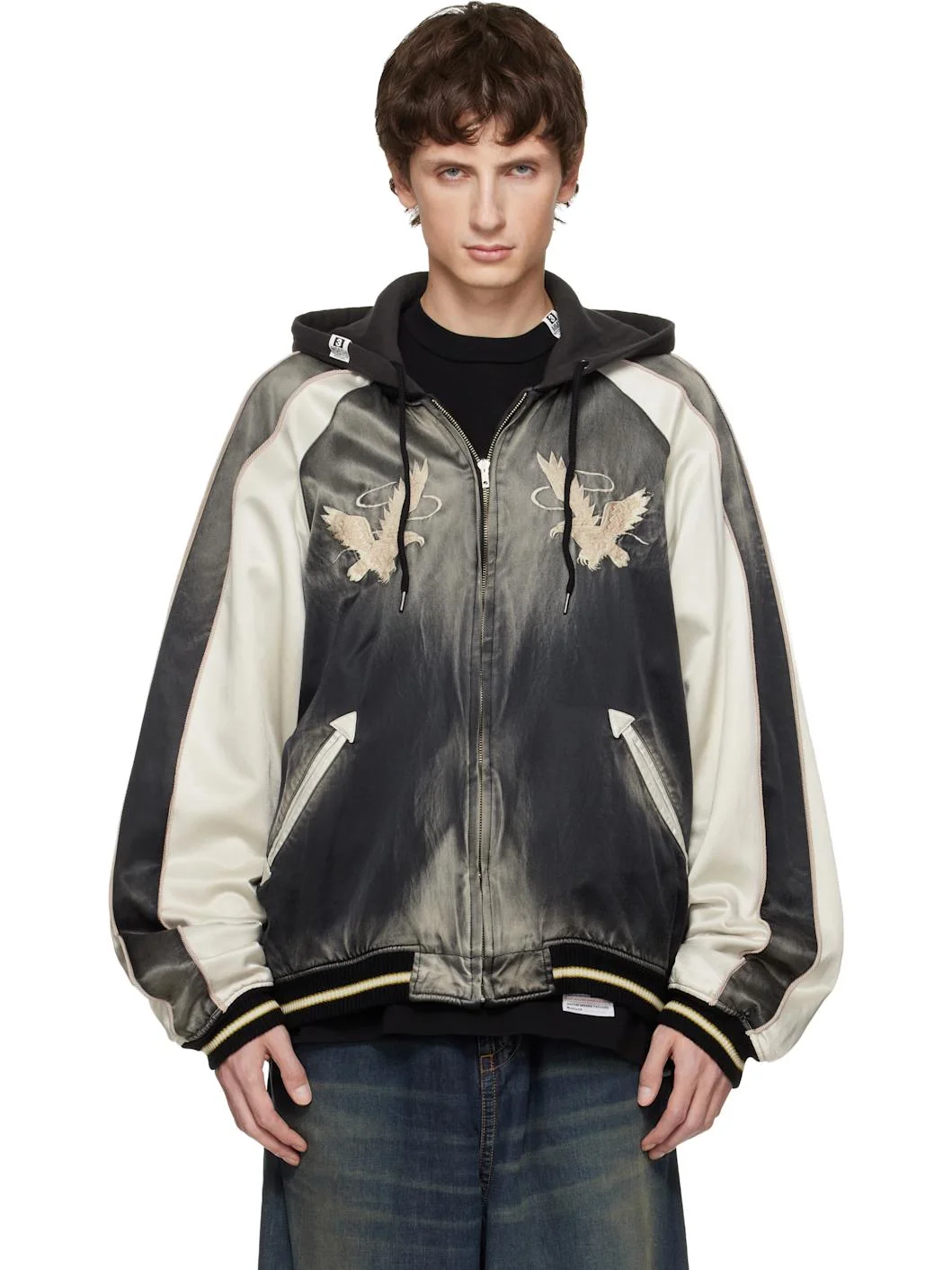 Black Reversible Hoodie Layered Souvenir Jacket - 1