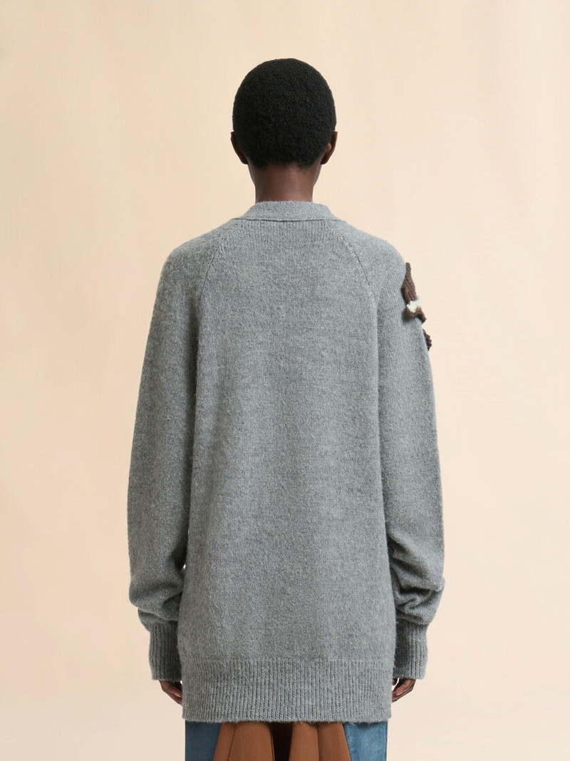 GRAY ALPACA WOOL CARDIGAN WITH FLOWER PATCH 3