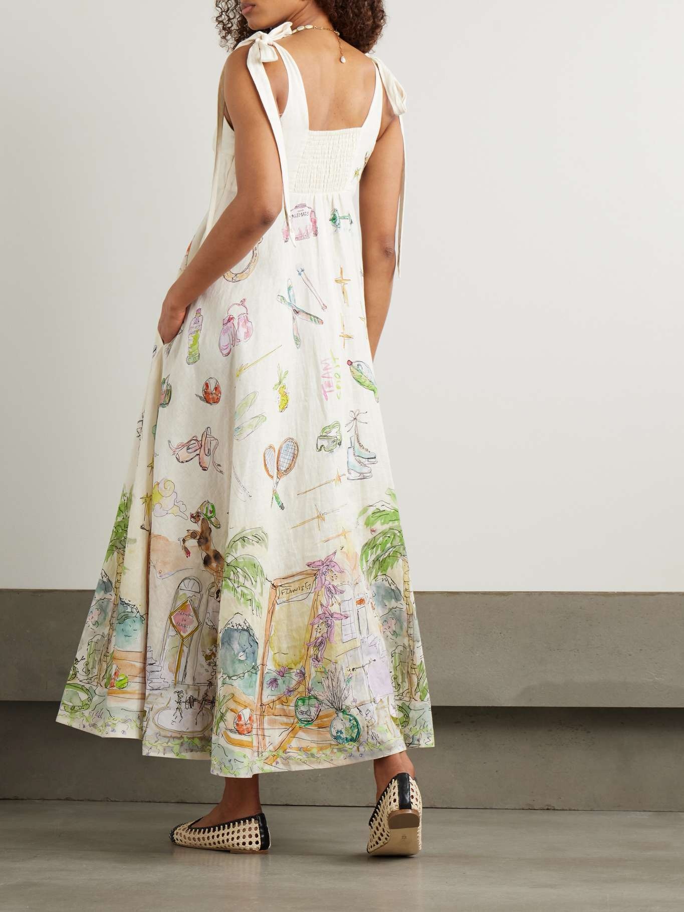+ Anouk Colantoni Ballet tie-detailed printed shirred linen dress Cream - 3
