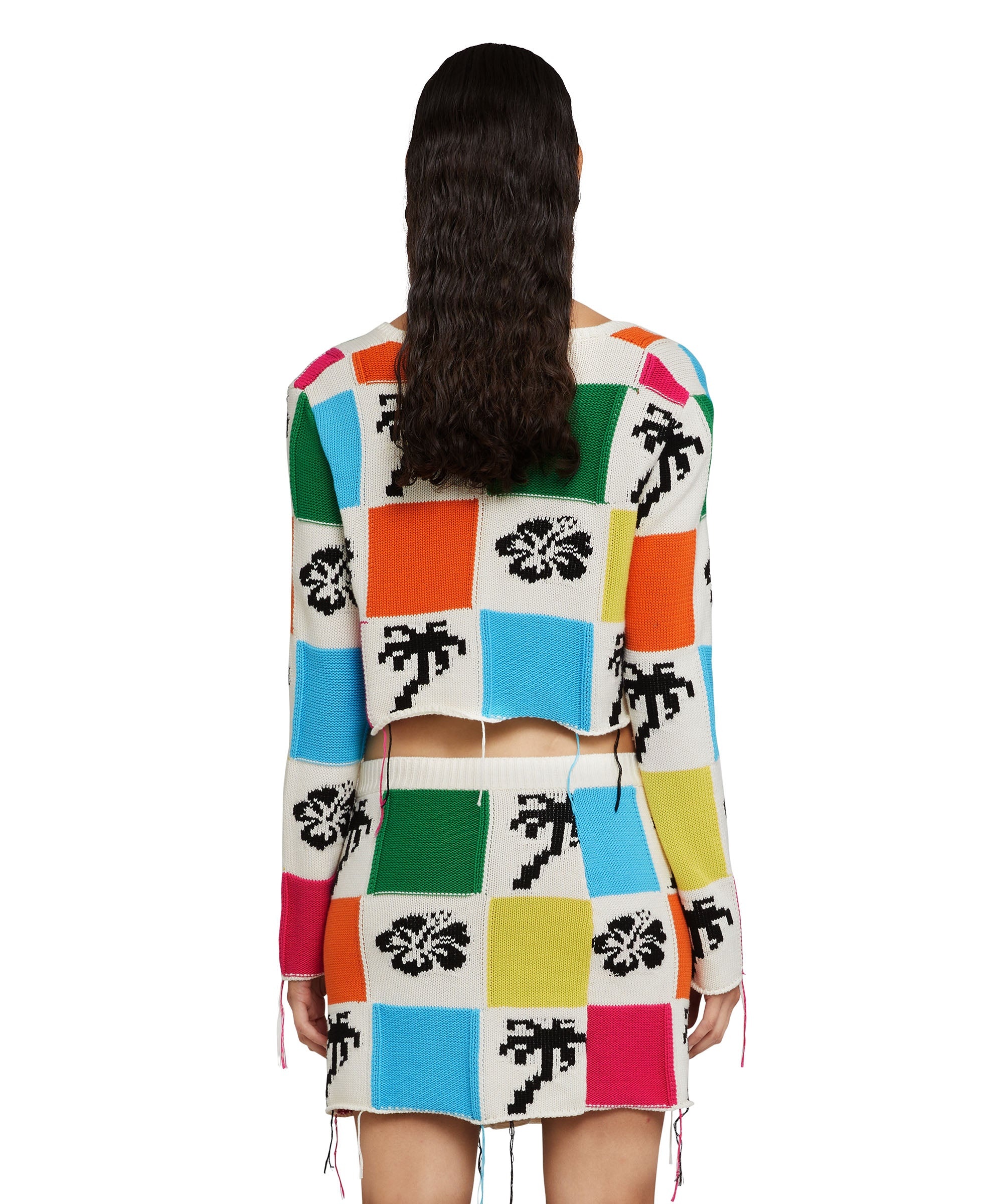 Patchwork knit crop cardigan with hibiscus and palm inlays - 3