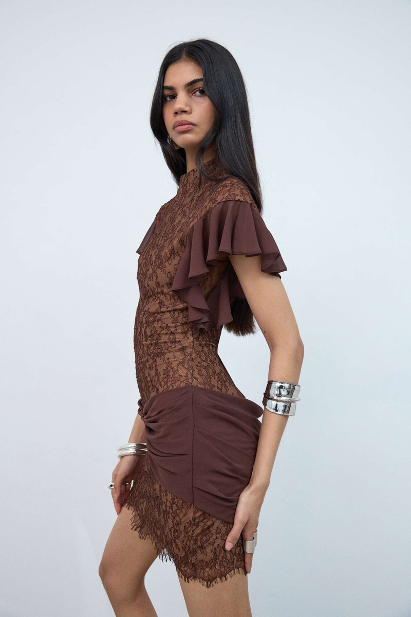 De La Vali NOOR MINI DRESS IN BROWN LACE outlook