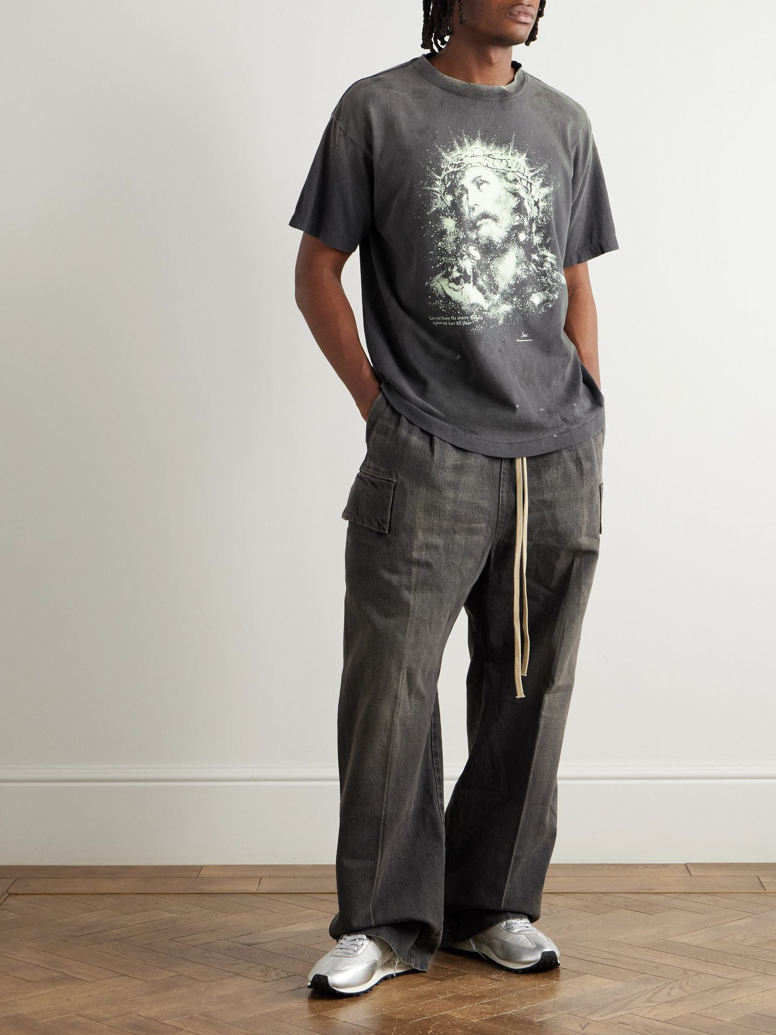 Printed Distressed Cotton-Jersey T-Shirt Gray - 2
