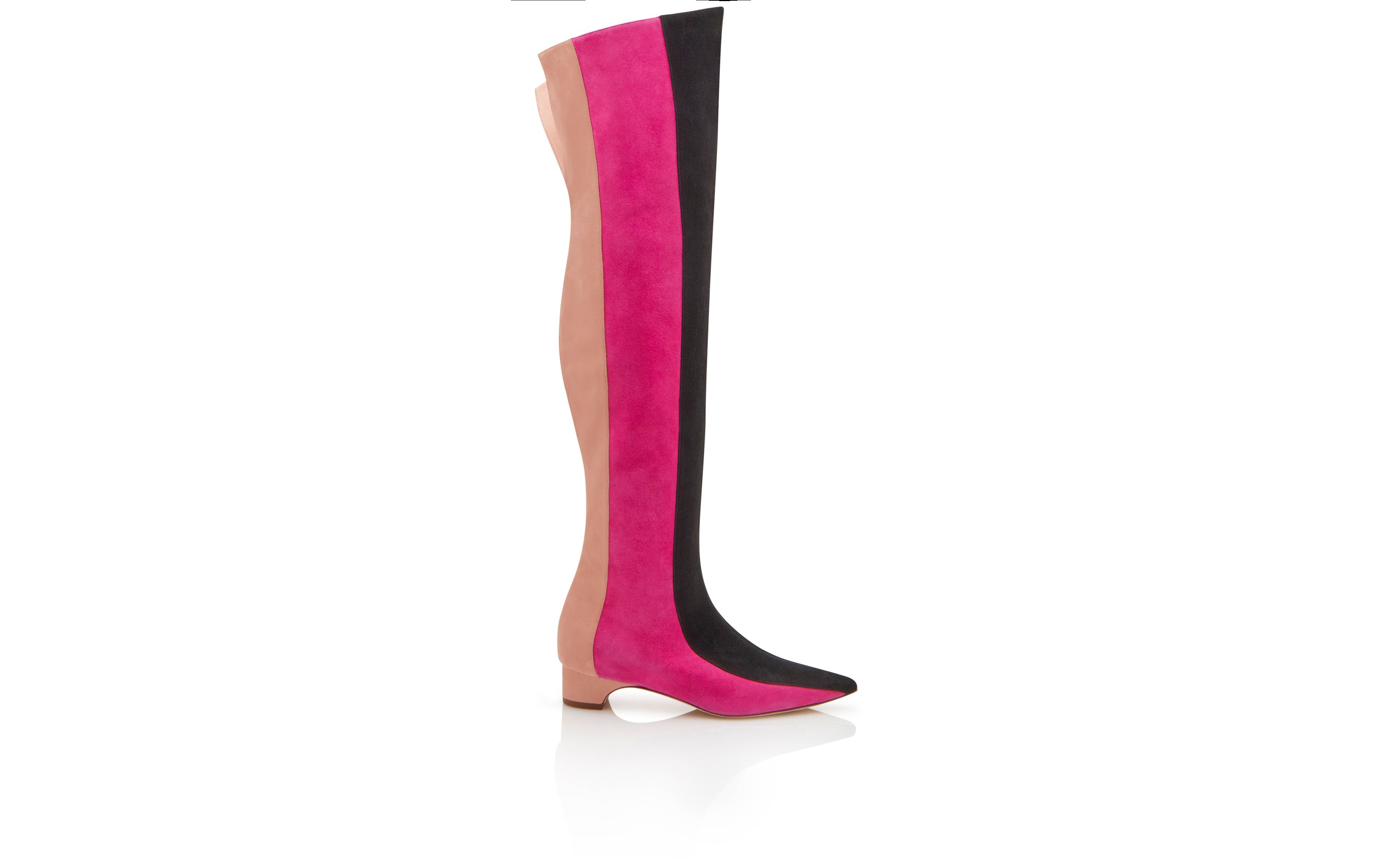 Black, Pink and Beige Suede Thigh High Boots - 1