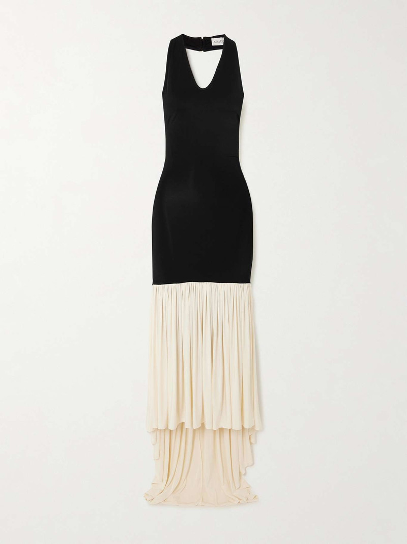 Two-tone pleated jersey halterneck maxi dress 1