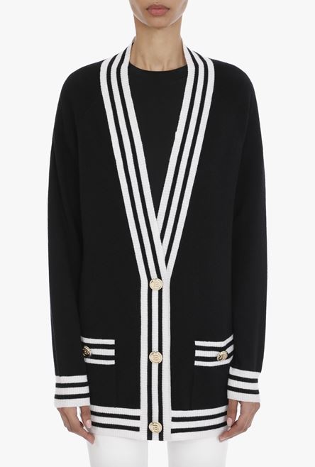Black and white wool and cashmere cardigan with gold-tone buttons - 5
