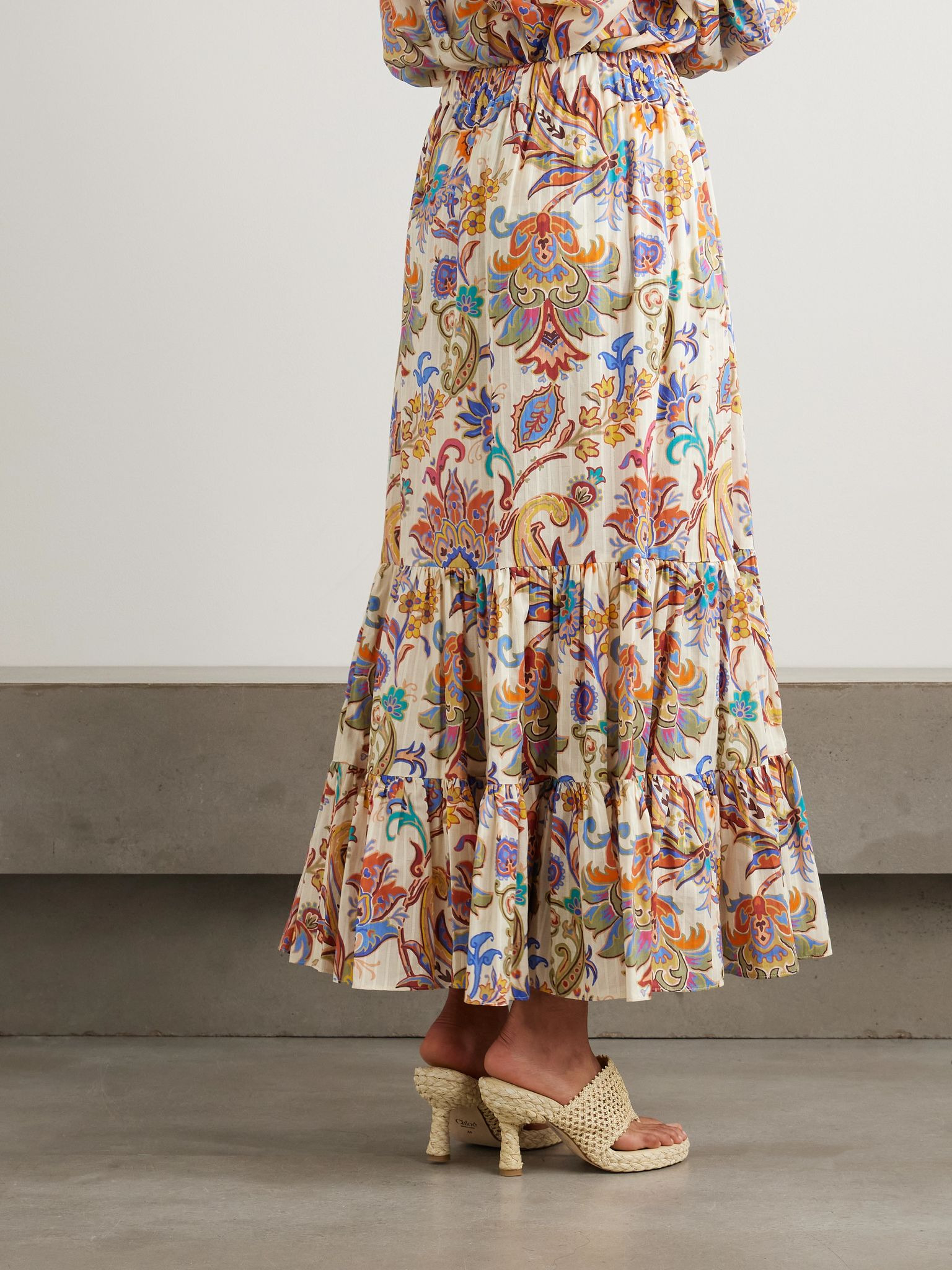 Tiered printed cotton maxi skirt Cream - 3